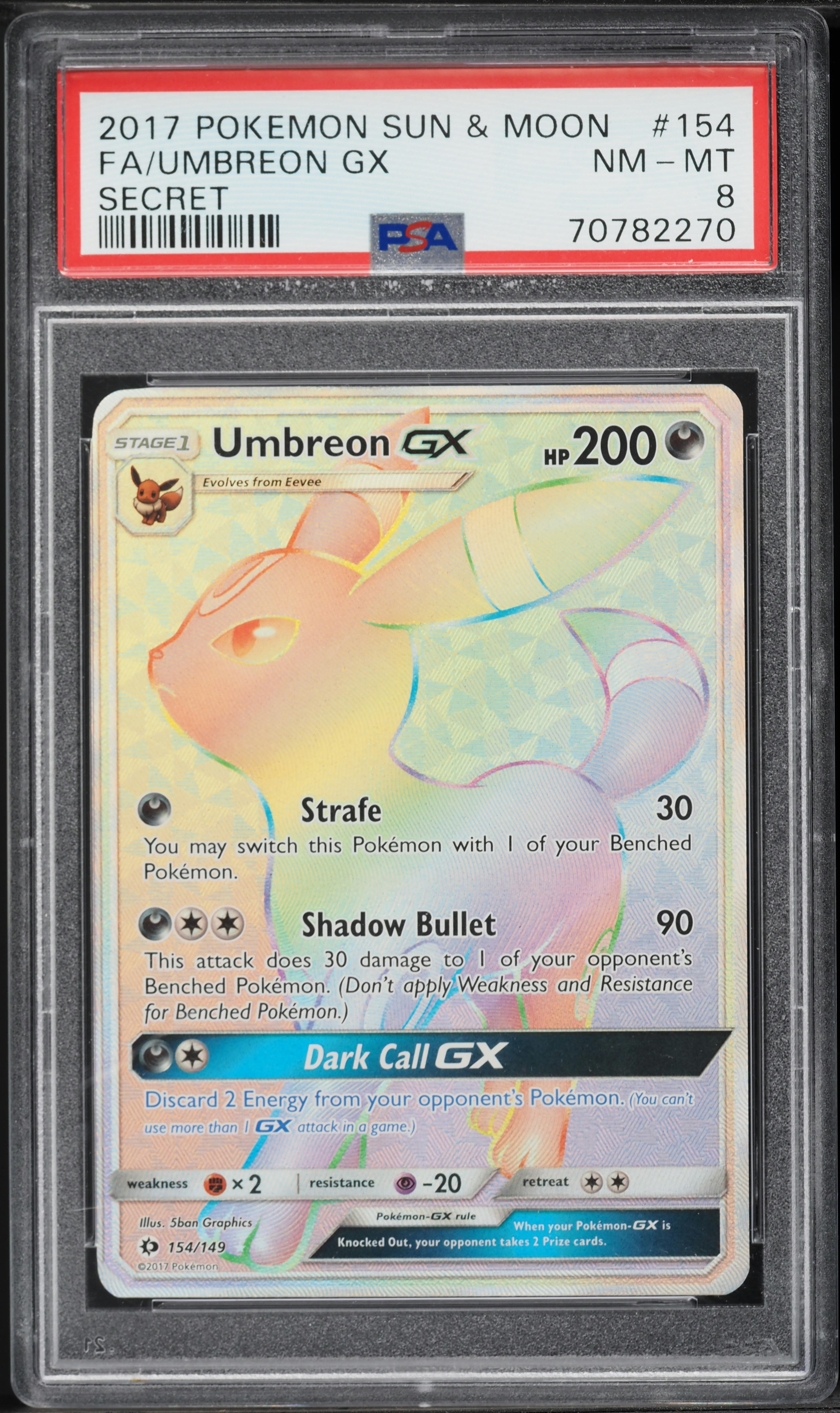 2017 Pokemon Sun & Moon Rainbow Rare Umbreon GX #154 PSA 8 NM-MT