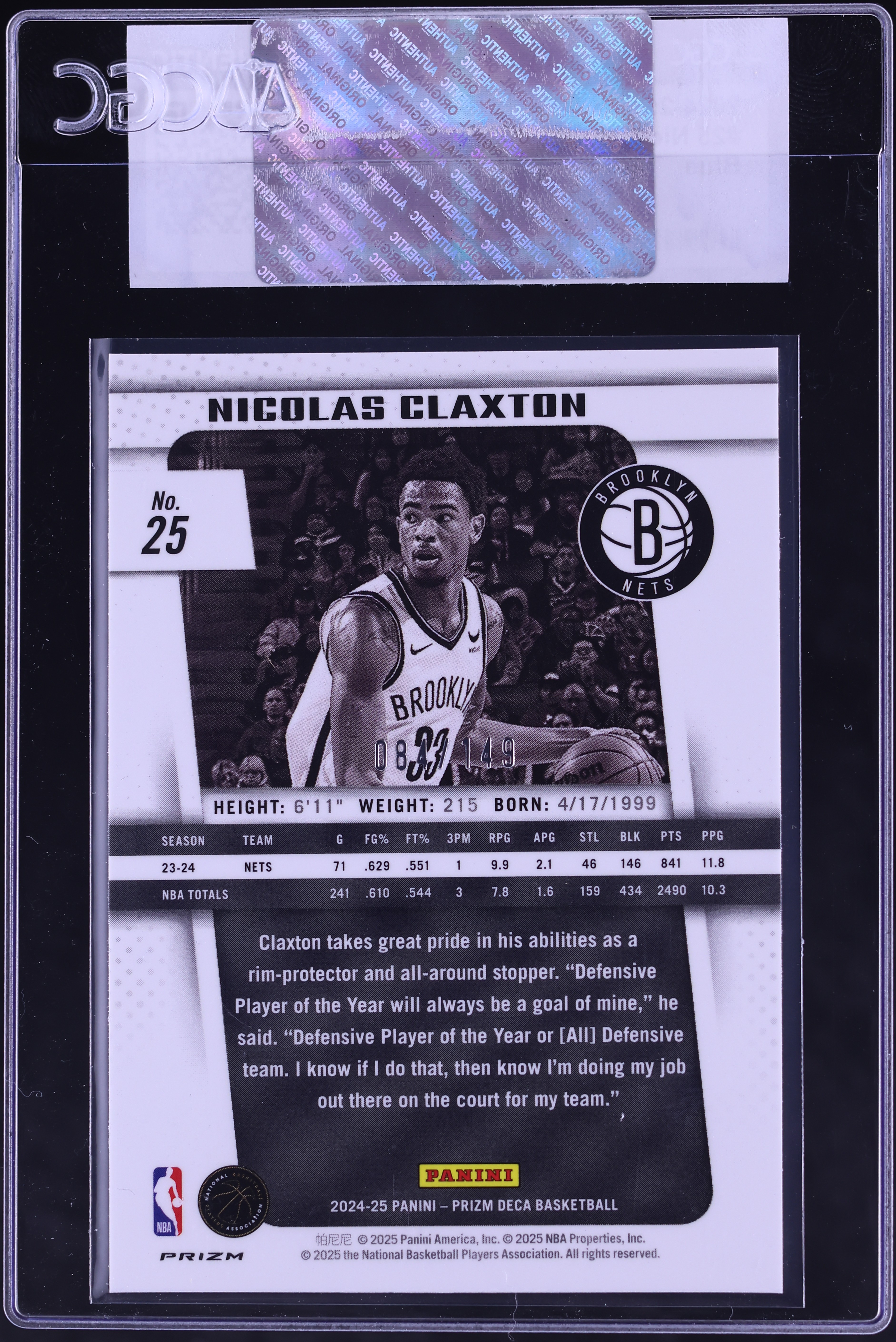 2024 Panini Prizm Deca Blue Nicolas Claxton /149 #25 CGC AUTH on