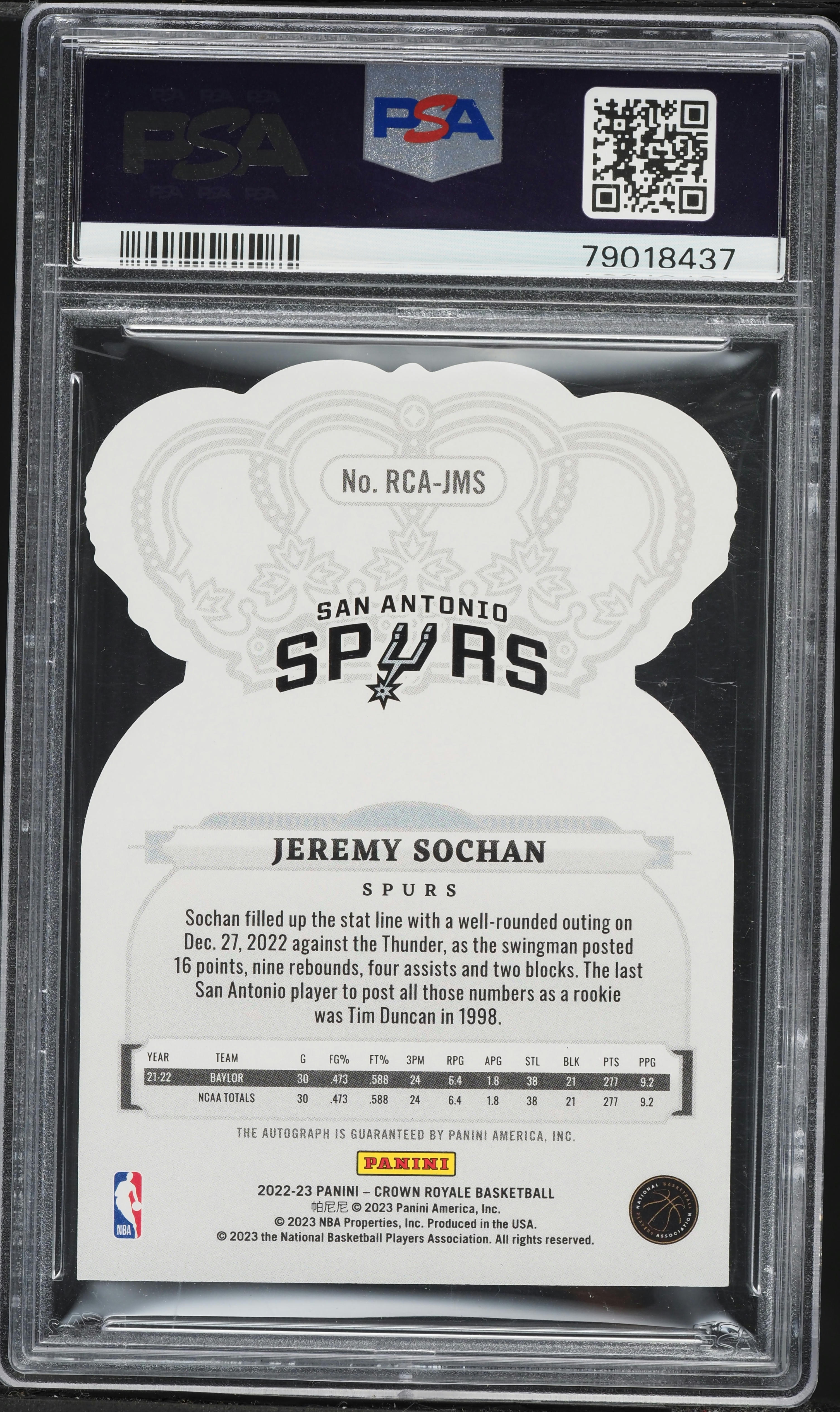2022 Crown Royale Purple Jeremy Sochan ROOKIE AUTO /25 #RCAJMS PSA 