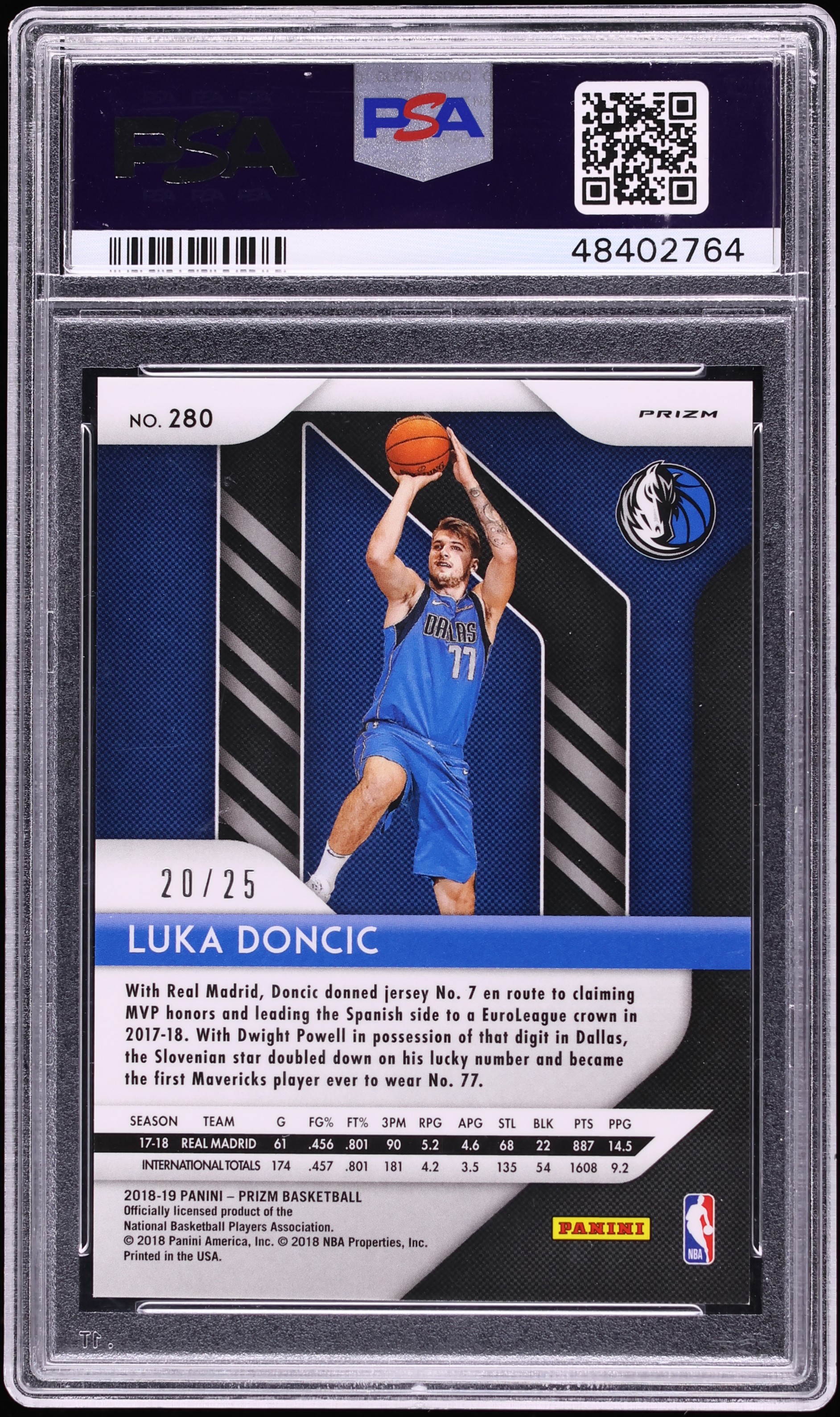 2018 Panini Prizm Green Pulsar Luka Doncic ROOKIE /25 #280 PSA 9