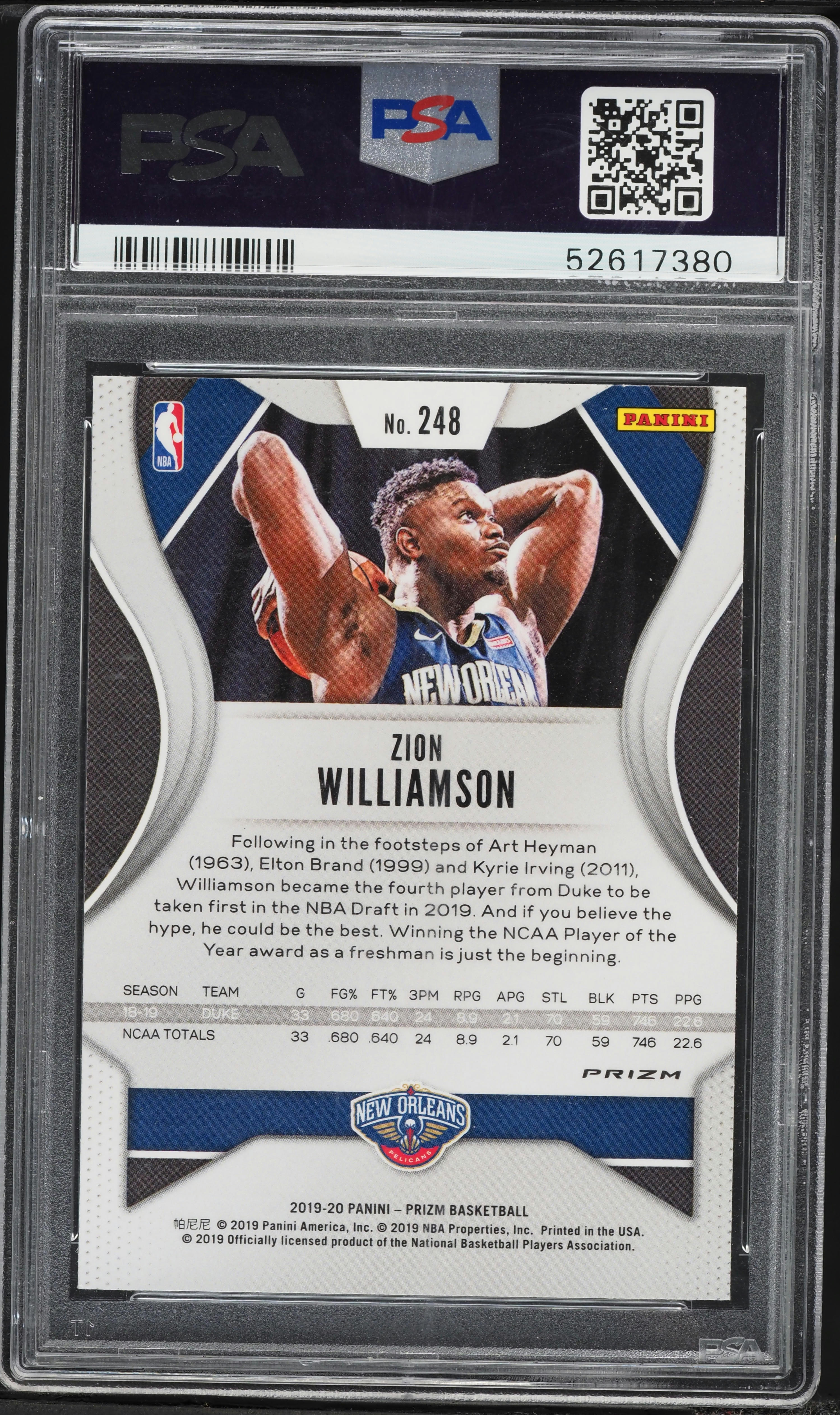 2019 Panini Prizm Silver Zion Williamson ROOKIE #248 PSA 10 GEM