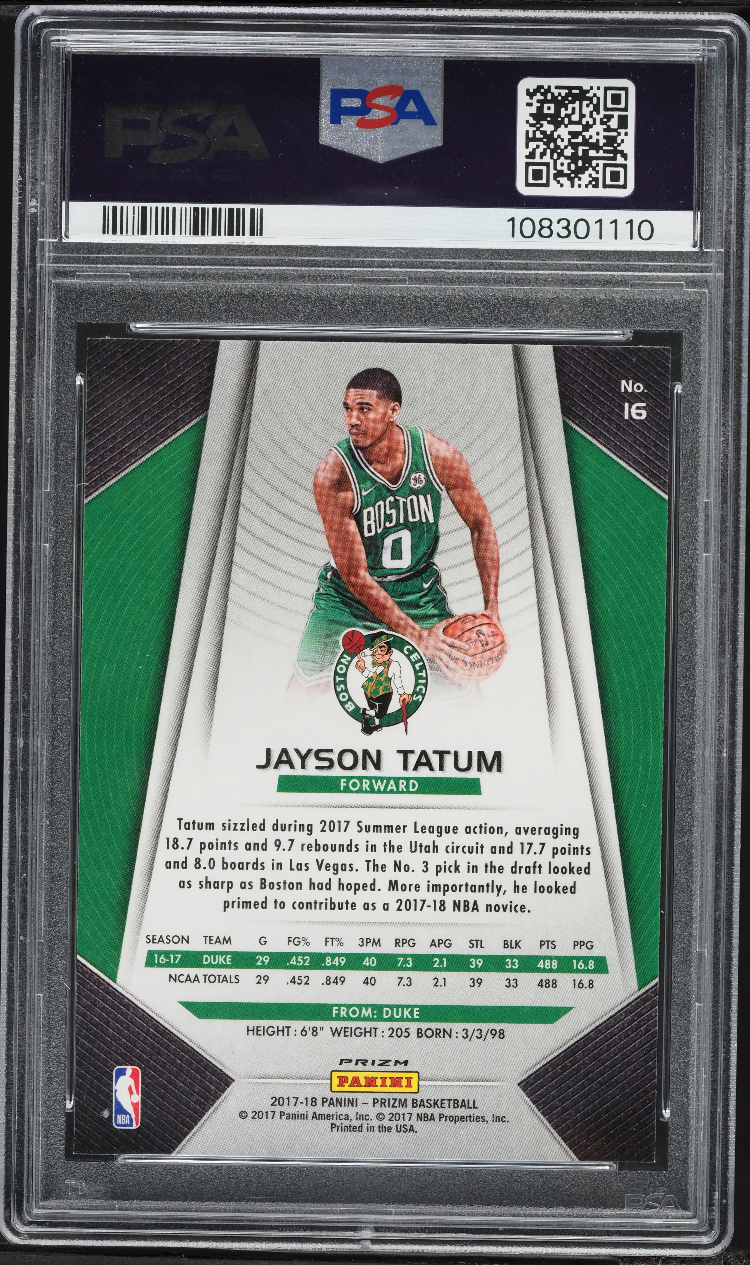 2017 Panini Prizm Silver Jayson Tatum ROOKIE #16 PSA 9 MINT on