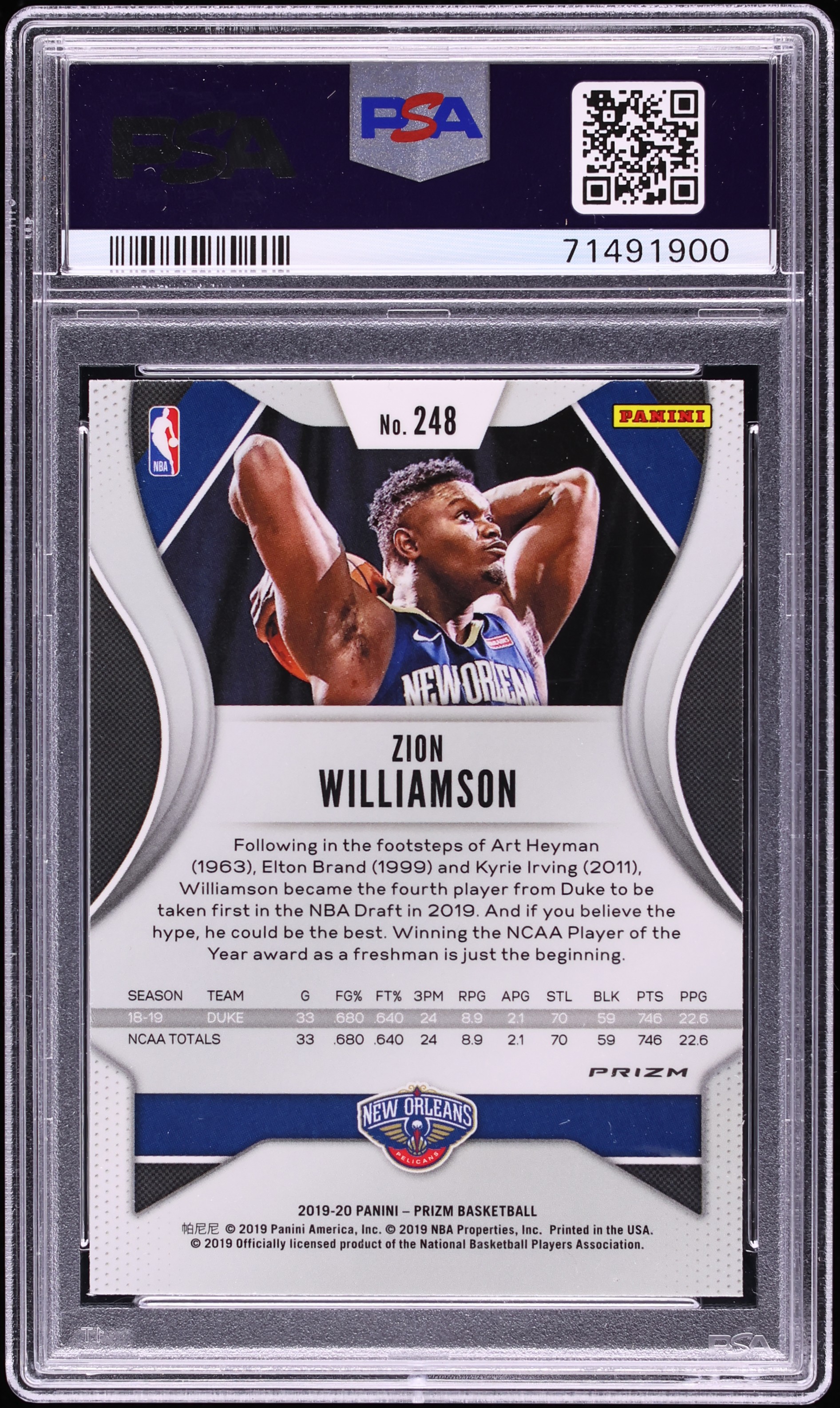 2019 Panini Prizm Silver Zion Williamson ROOKIE #248 PSA 10 GEM