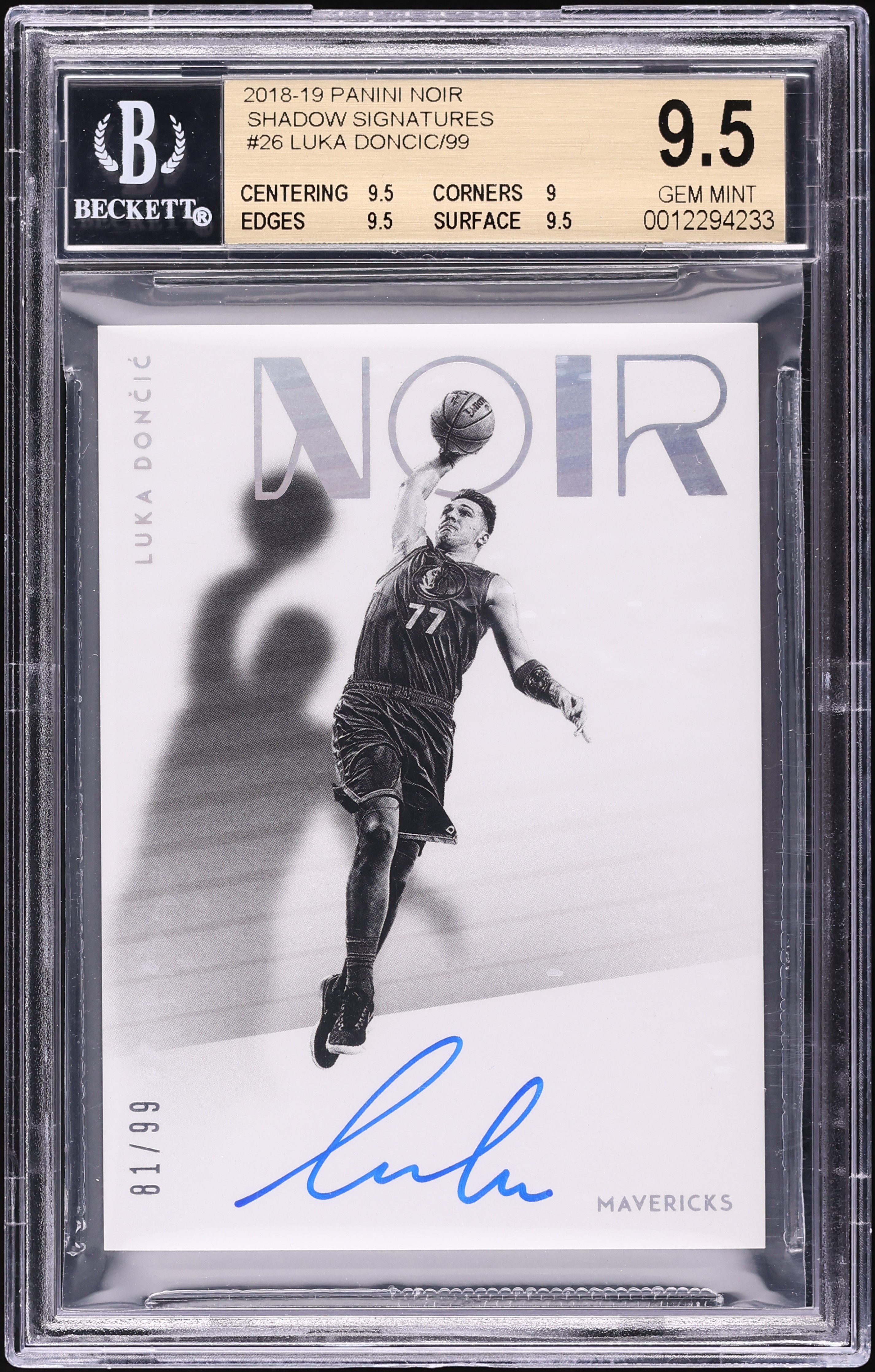 2018 Panini Noir Shadow Luka Doncic ROOKIE AUTO /99 #SHS-LD BGS