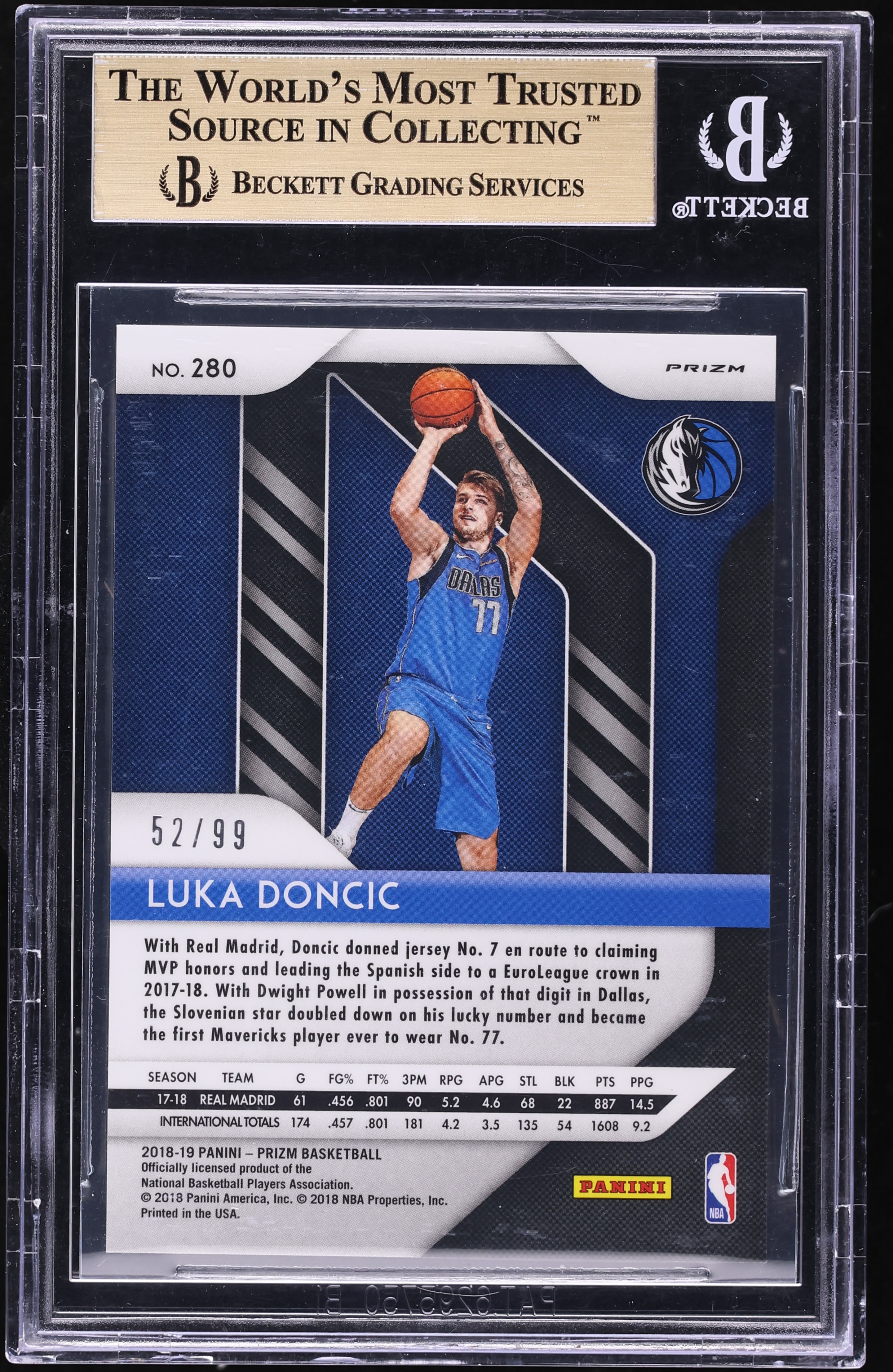2018 Panini Prizm Blue Ice Luka Doncic ROOKIE /99 #280 BGS 9.5 GEM