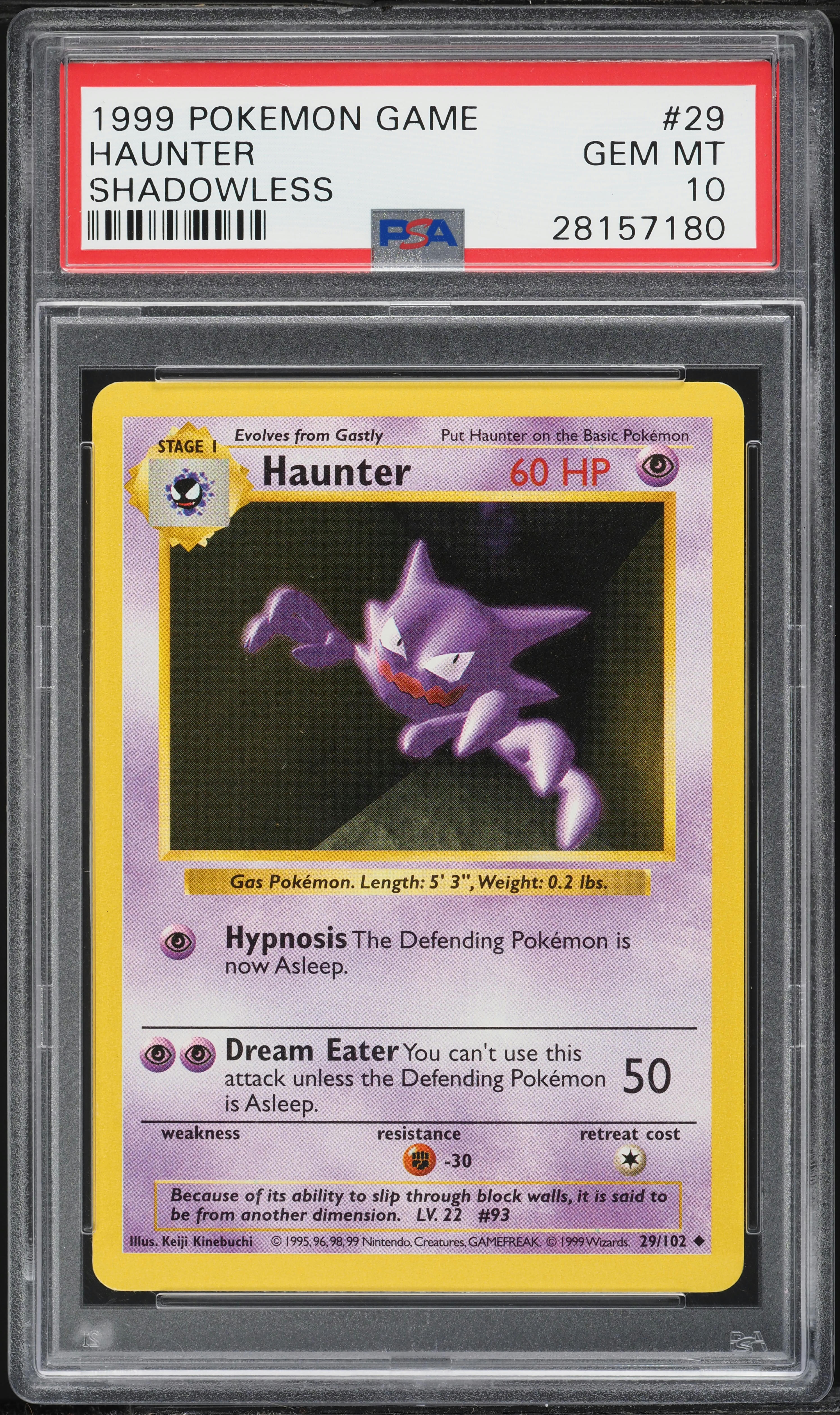 1999 Pokemon Base Set Shadowless Haunter #29 PSA 10 GEM MINT on