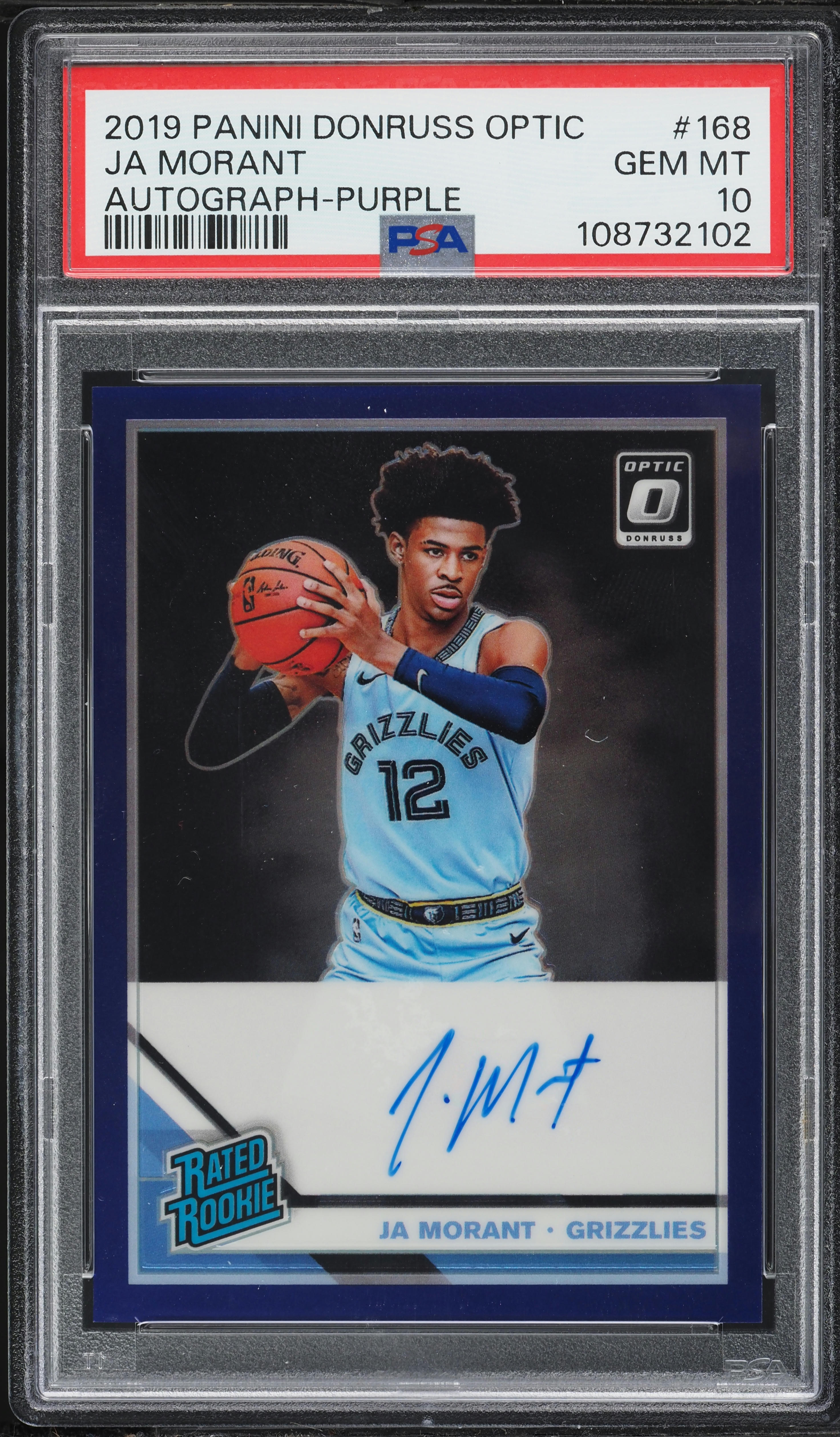 2019 Donruss Optic Purple Prizm Ja Morant ROOKIE AUTO #168 PSA 10