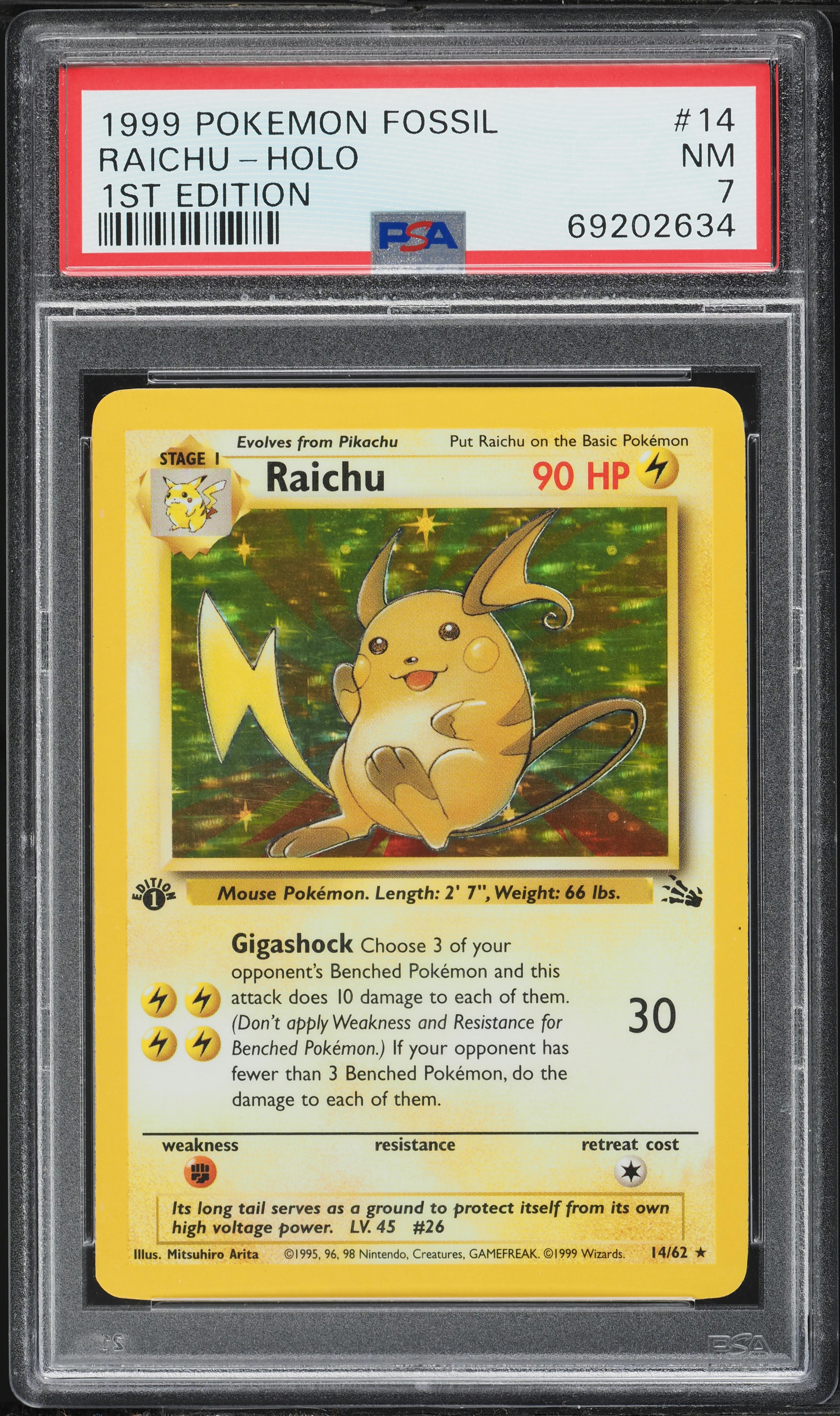 1999 Pokemon Fossil 1st Edition Holo Raichu #14 PSA 7 NRMT on