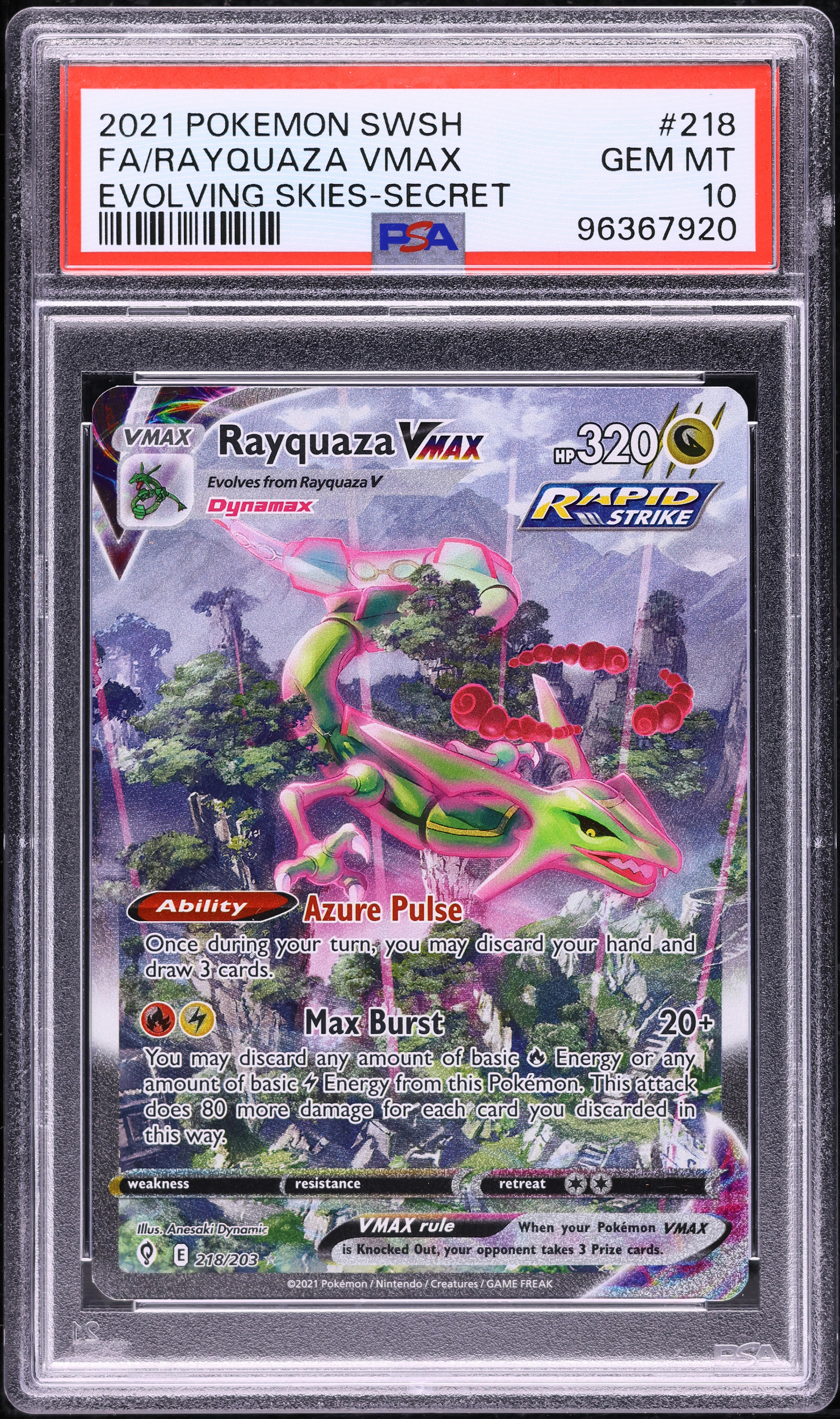 2021 Pokemon SWSH Evolving Skies Alt Art Rayquaza VMAX #218 PSA 10