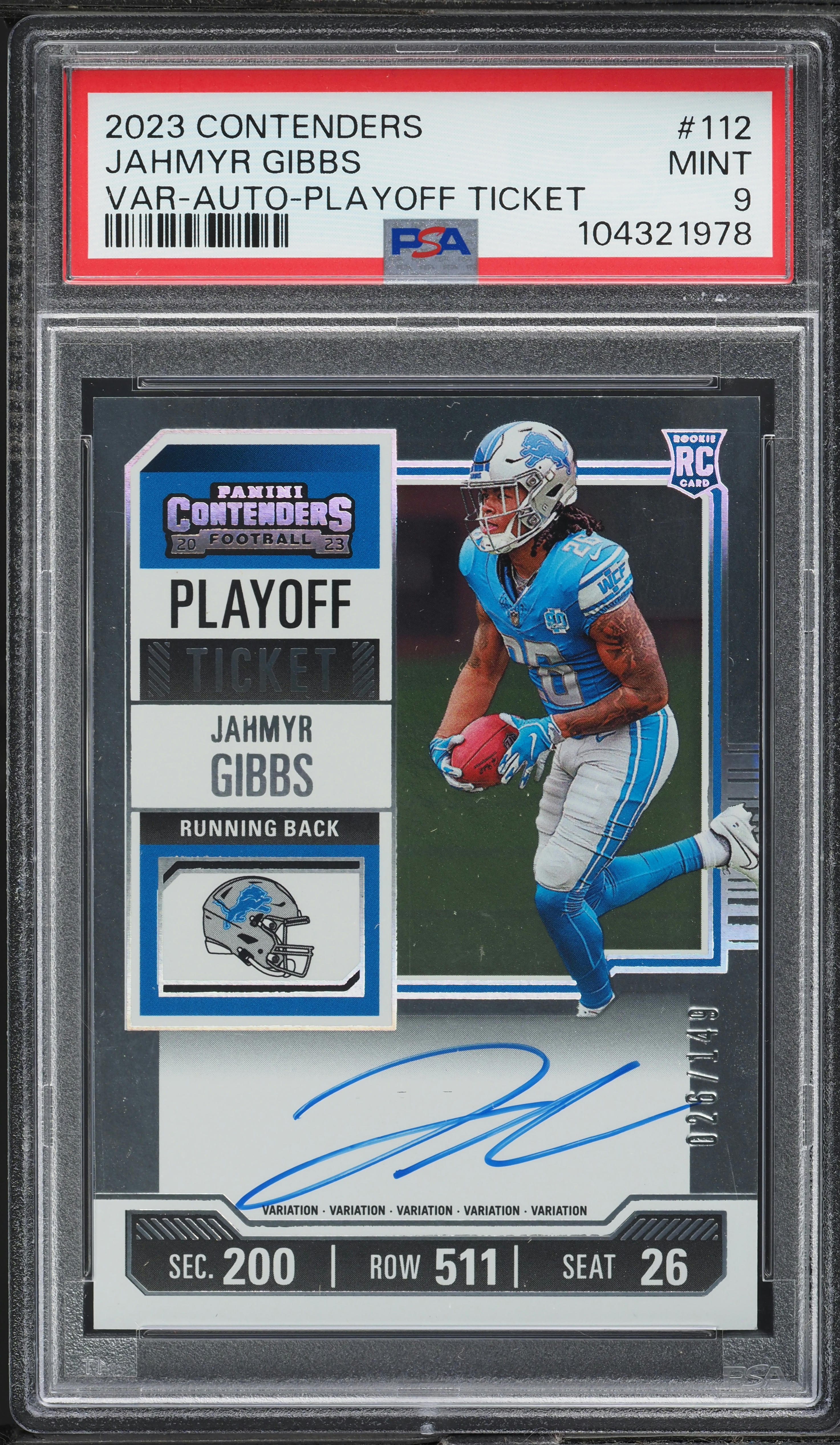 2023 Panini Contenders Playoff Ticket Jahmyr Gibbs ROOKIE AUTO
