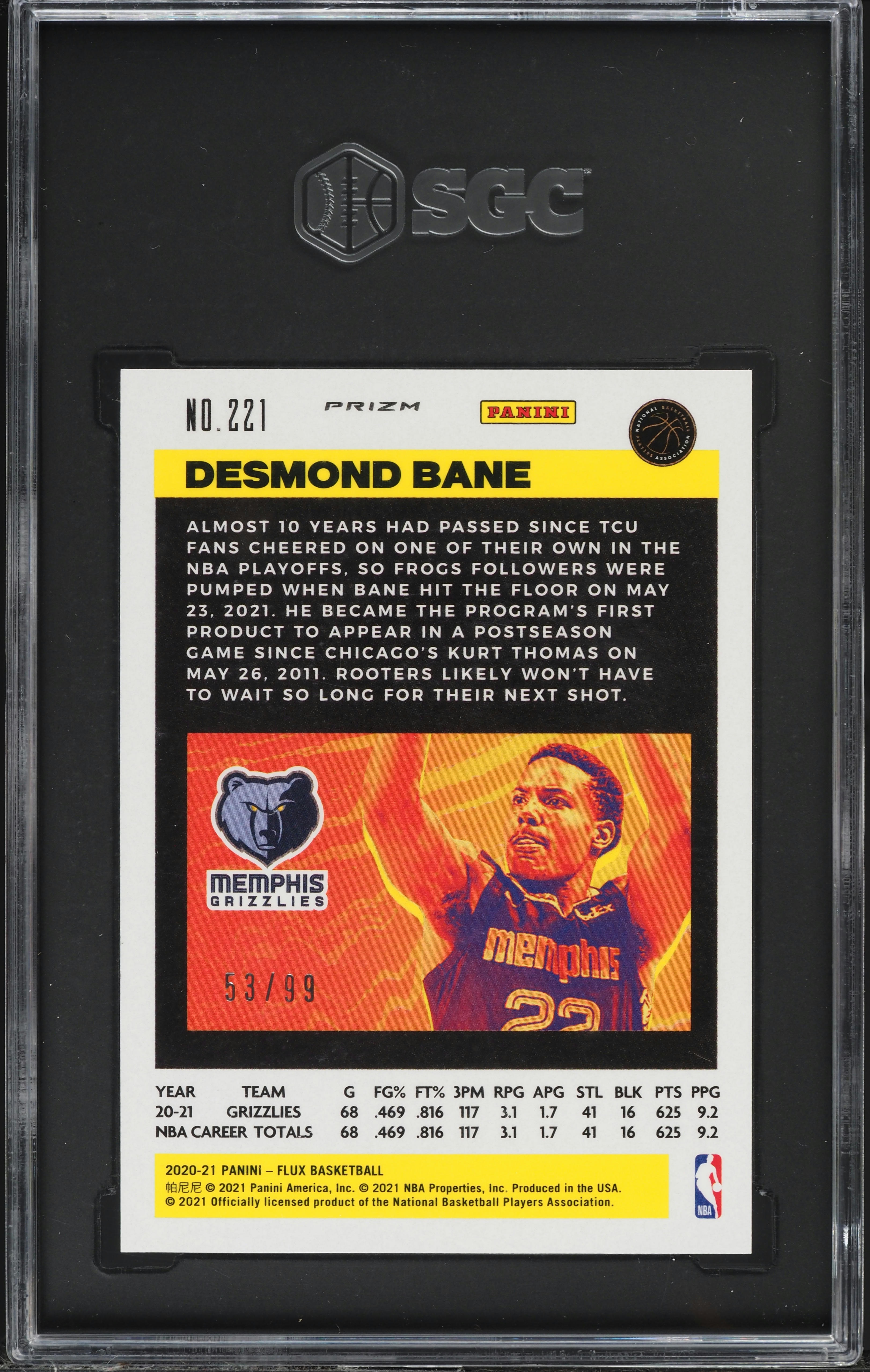 2020 Panini Flux Blue Mojo Prizm Desmond Bane ROOKIE /99 #221 SGC