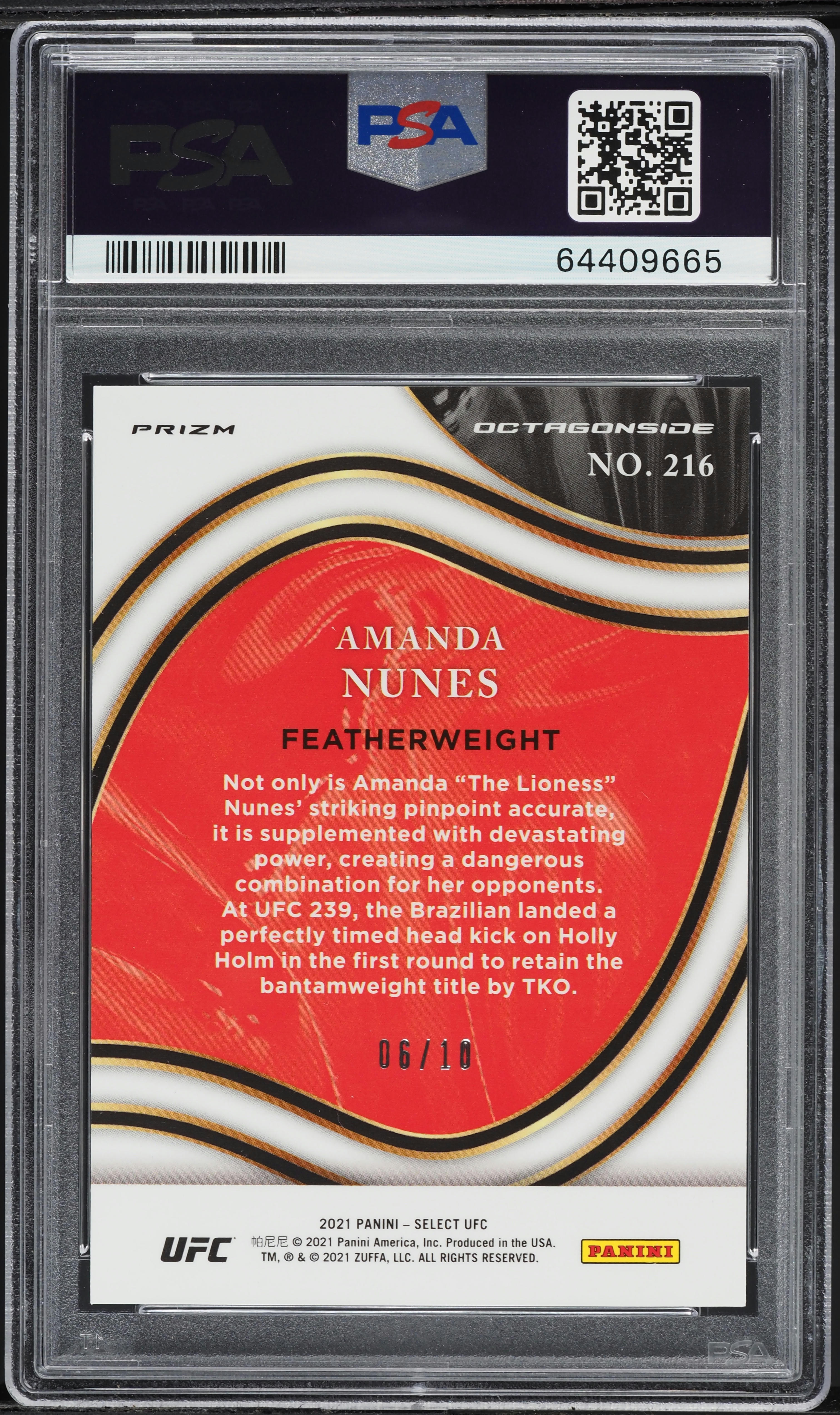UFC　王者　アマンダ・ヌネス　ゴールドカード　psa10 2021 Select UFC Octagonside Gold Prizm Amanda Nunes /10 #216 PSA