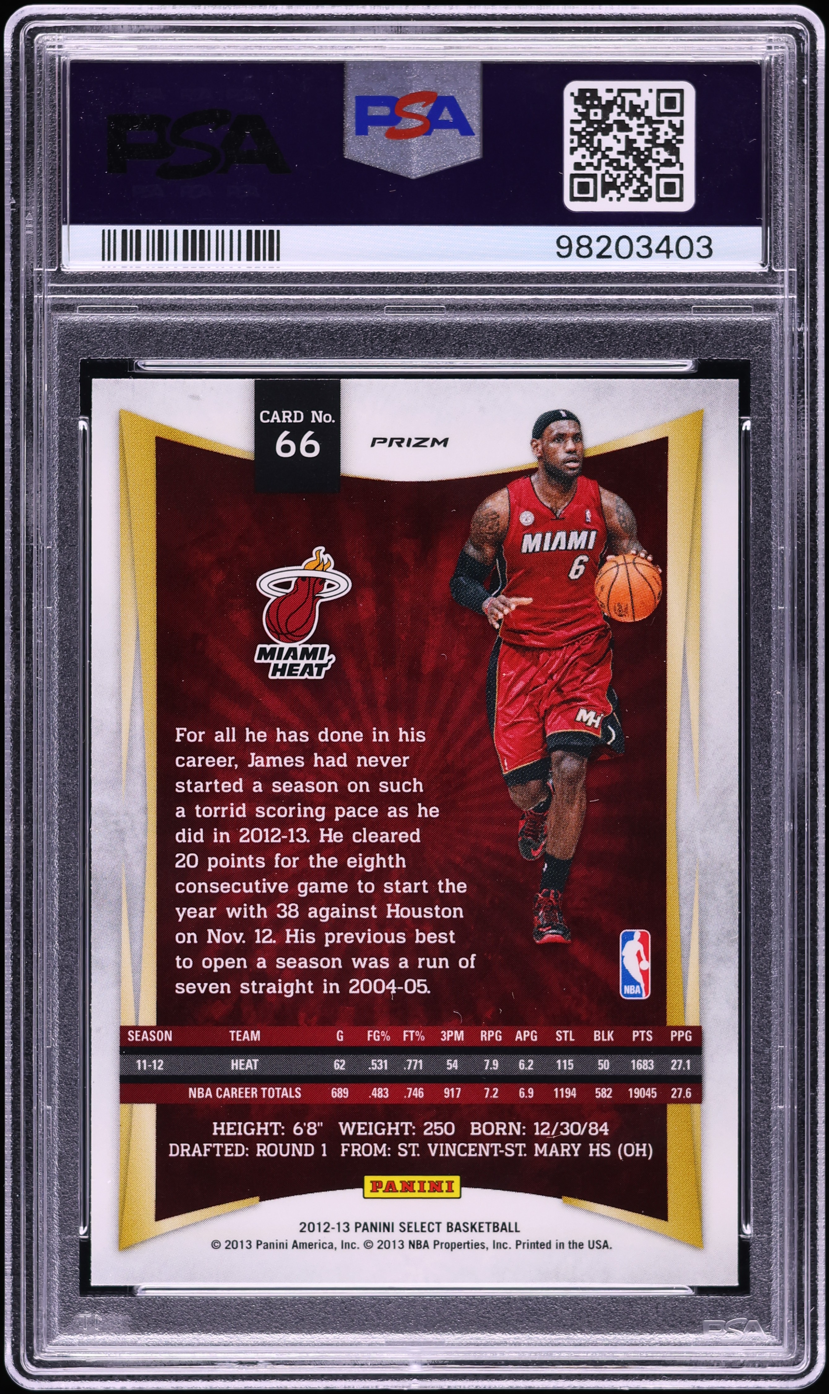 2012 Select Silver Prizm LeBron James #66 PSA 10 GEM MINT on 