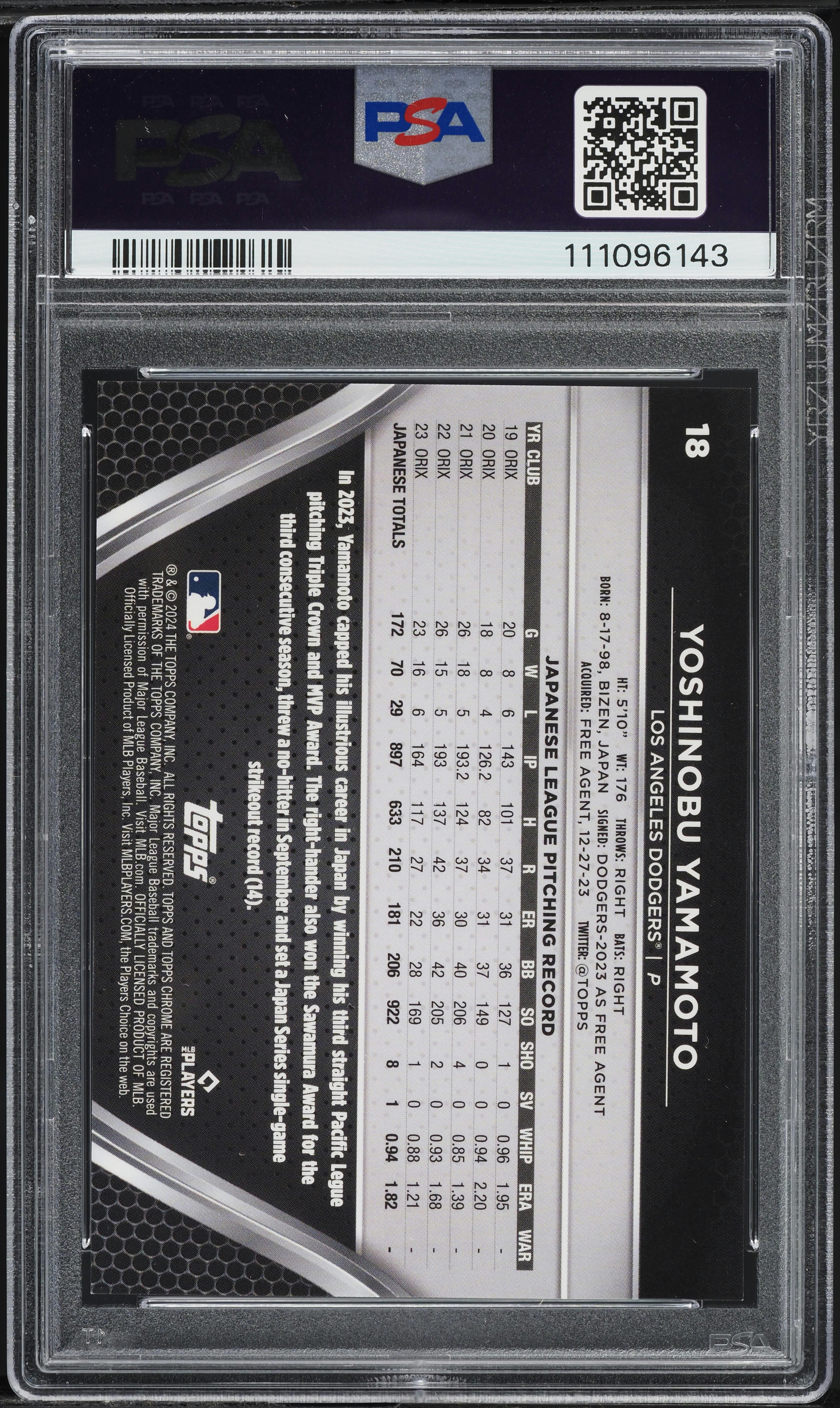 2024 Topps Chrome Black Blue Refractor Yoshinobu Yamamoto RC /75