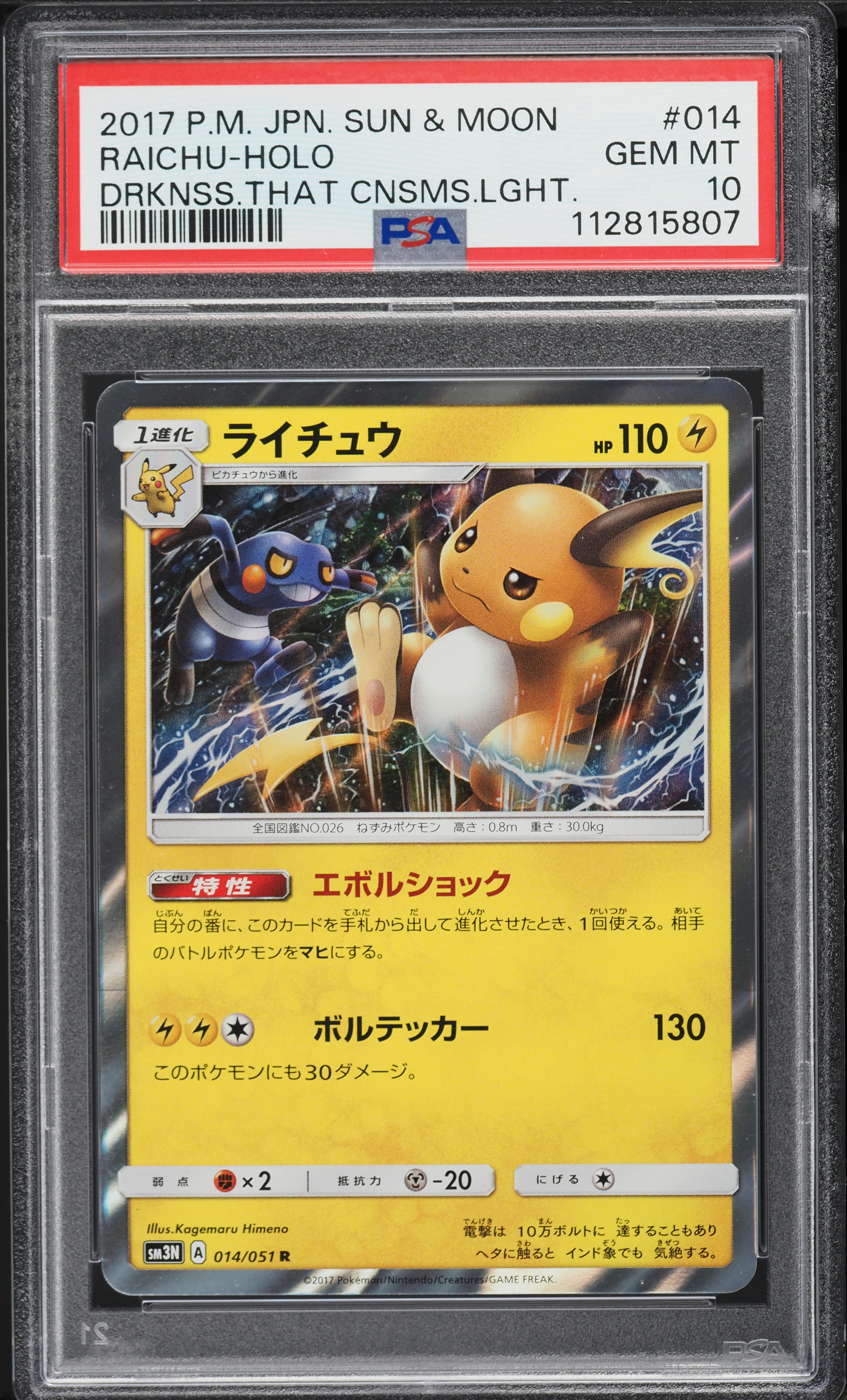 2017 Pokemon Japanese SM Darkness That Consumes Light Holo Raichu