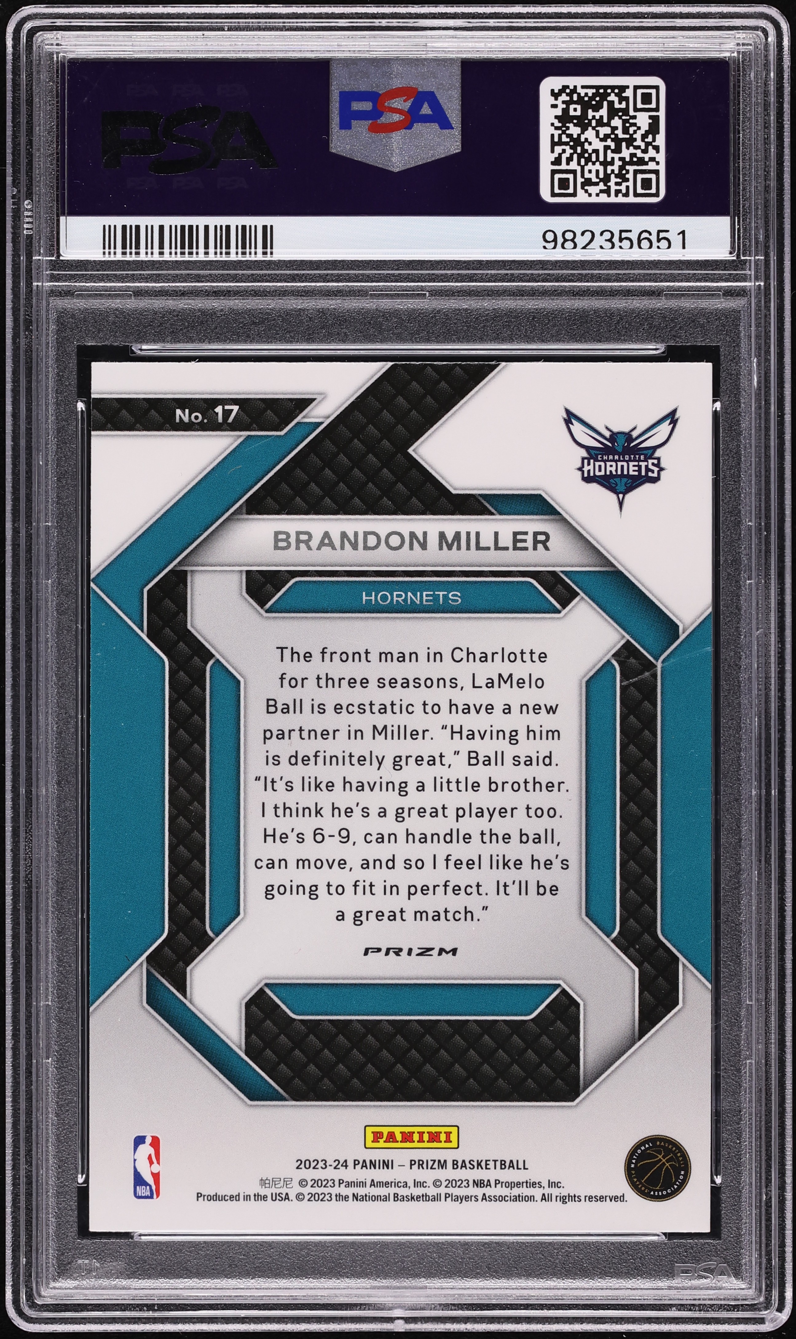 2023 Panini Prizm Emergent Silver Brandon Miller ROOKIE #17 PSA 10 