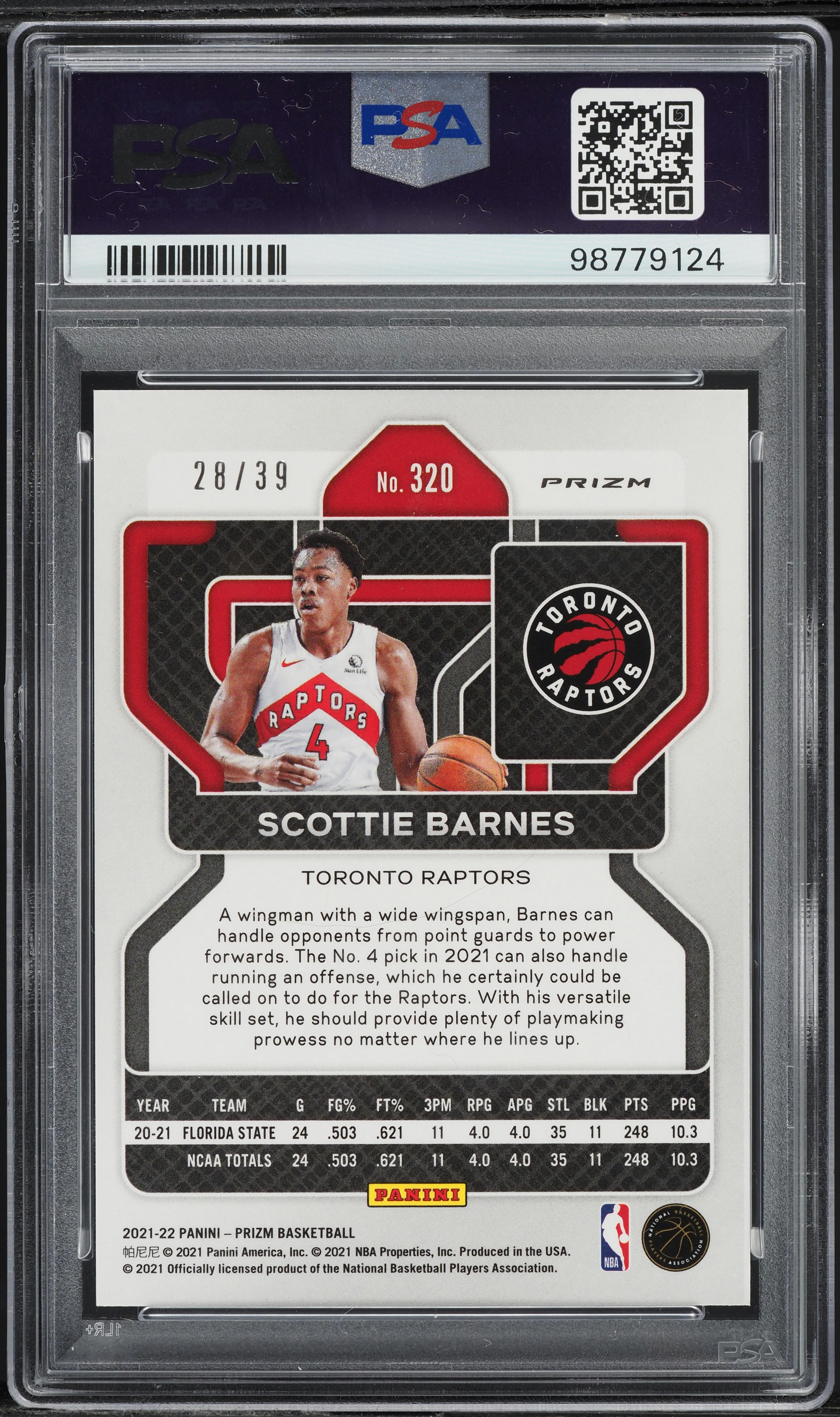 2021 Panini Prizm Blue Choice Scottie Barnes ROOKIE /39 #320 PSA