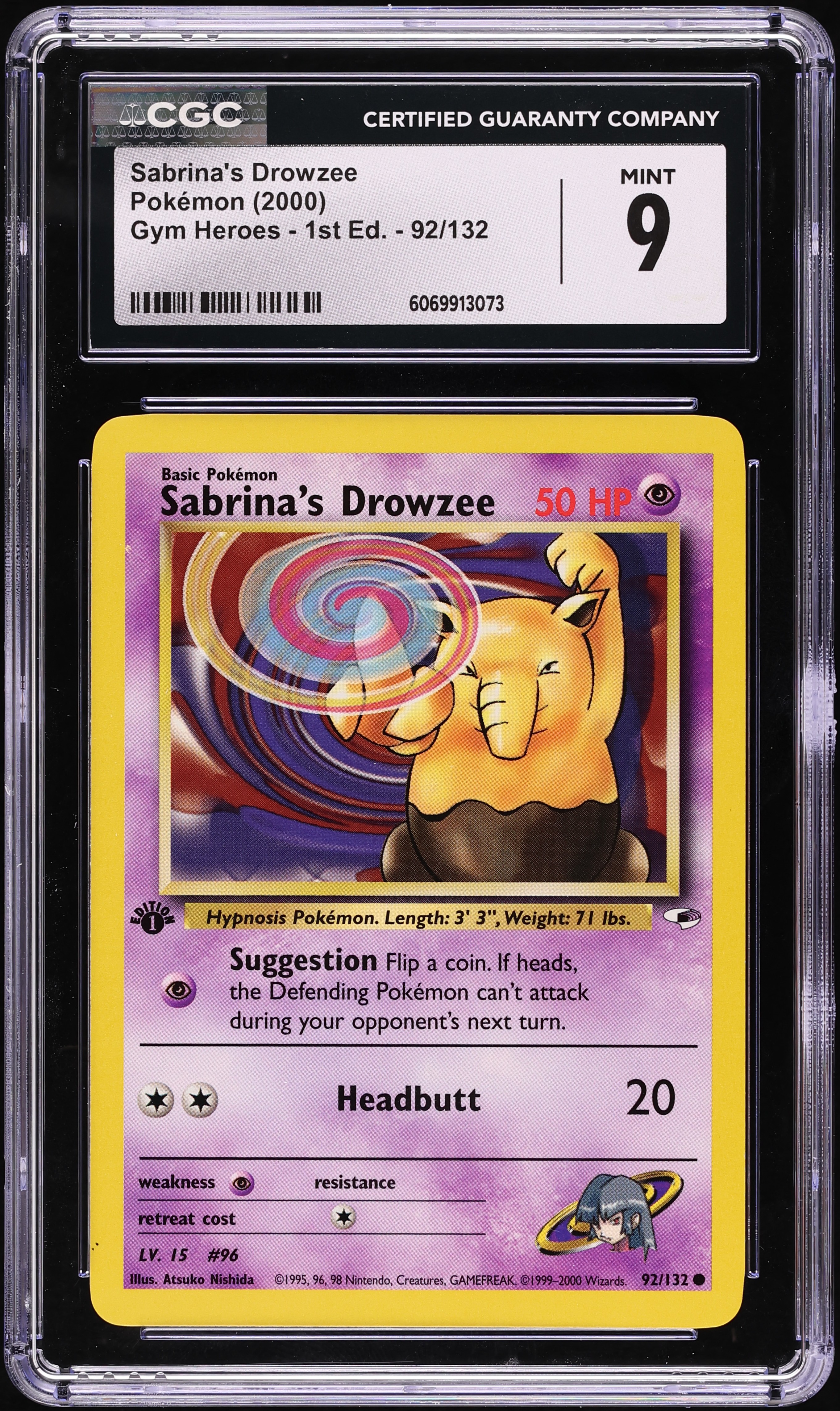 sabrina's drowzee pokemon card value 2000 Pokemon Gym Heroes 1st Edition Sabrina's Drowzee #92 CGC 9 MINT on  Fanatics Collect