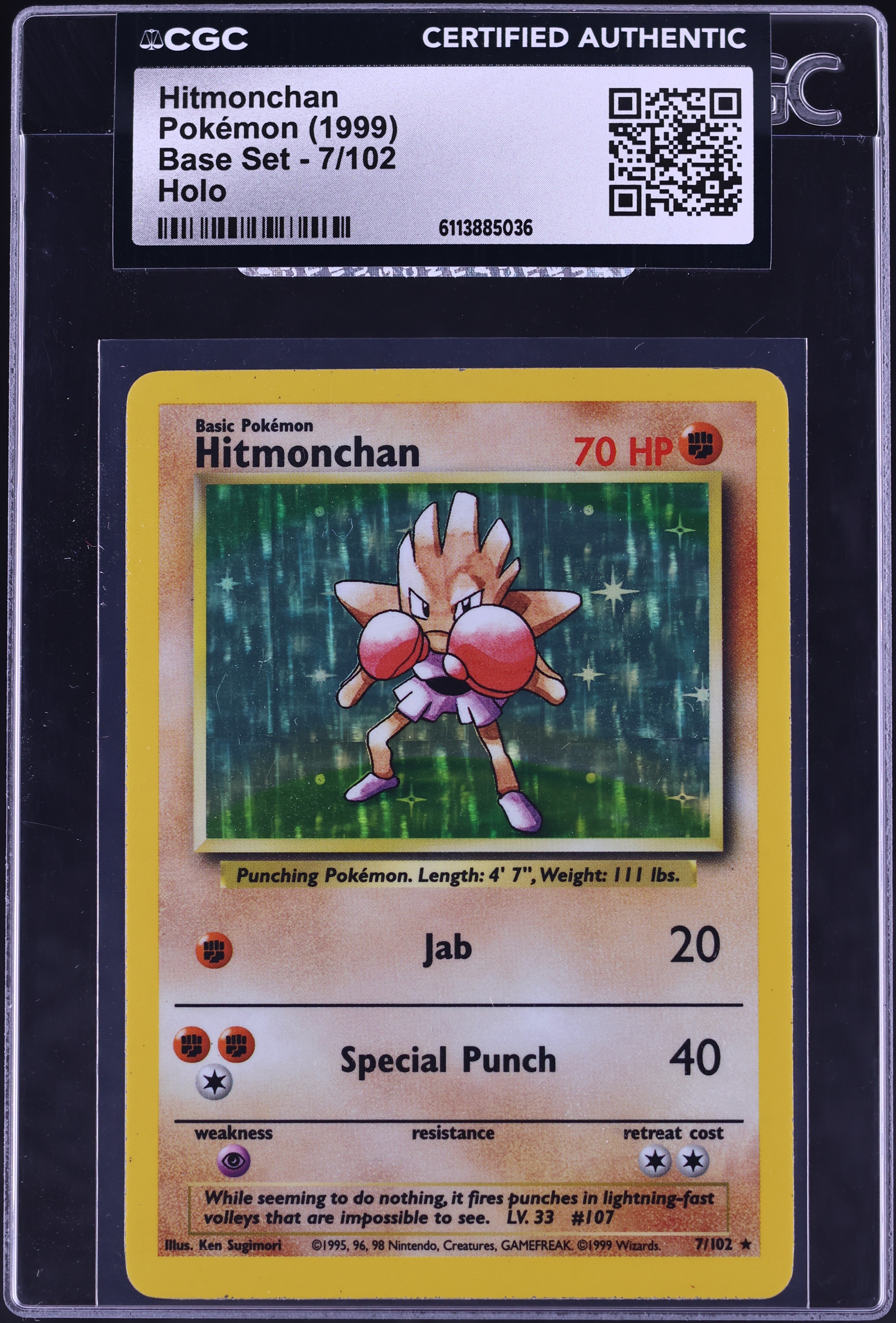 hitmonchan holographic pokemon card v-168-Hitmonchan Holo No.107 Base Set Japanese Spoon TCG proof acrylic case and featuring a striking image of the captivating character Hitmonchan Pokemon Cards Price Guide