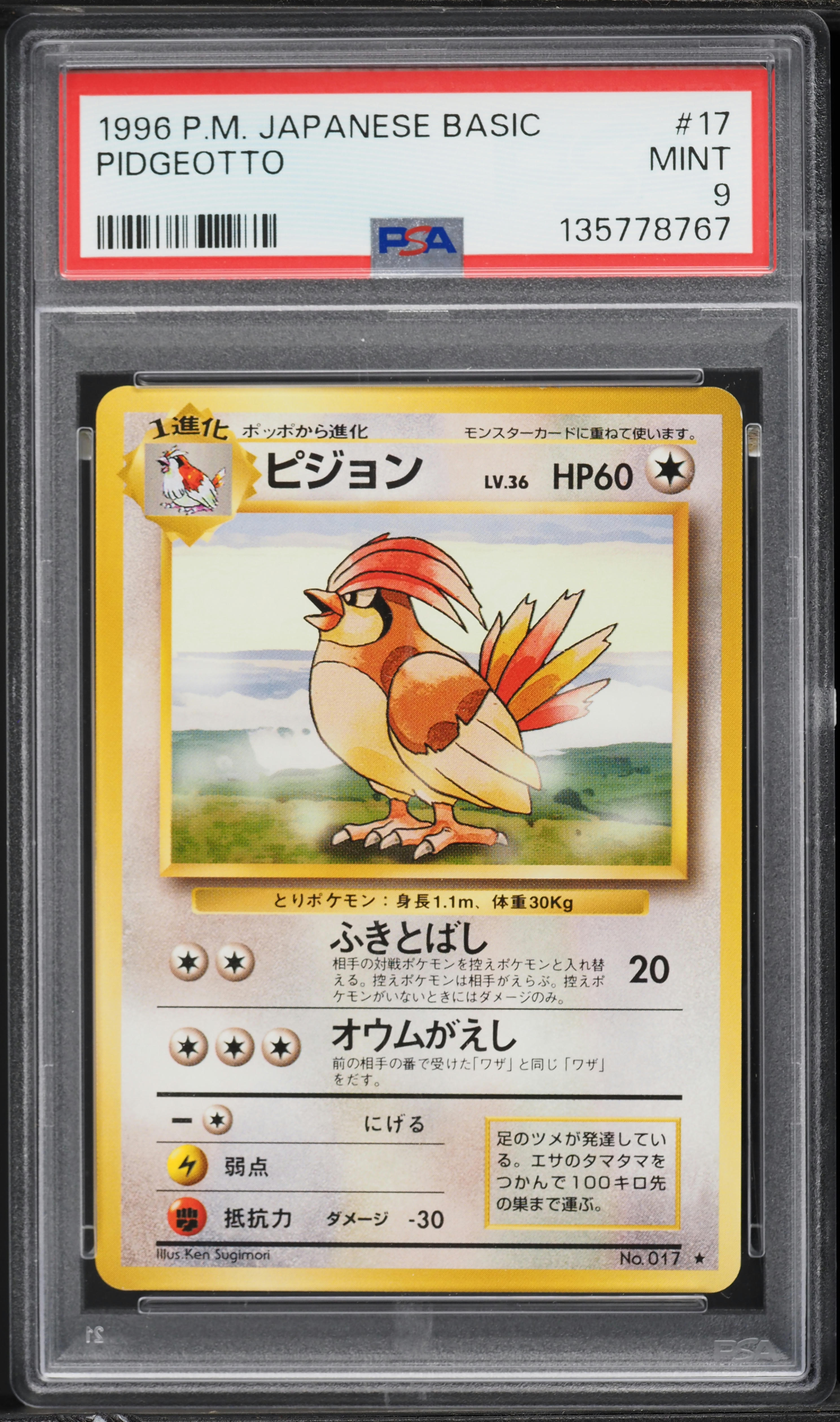 1996 Pokemon Japanese Base Set Pidgeotto #17 PSA 9 MINT on