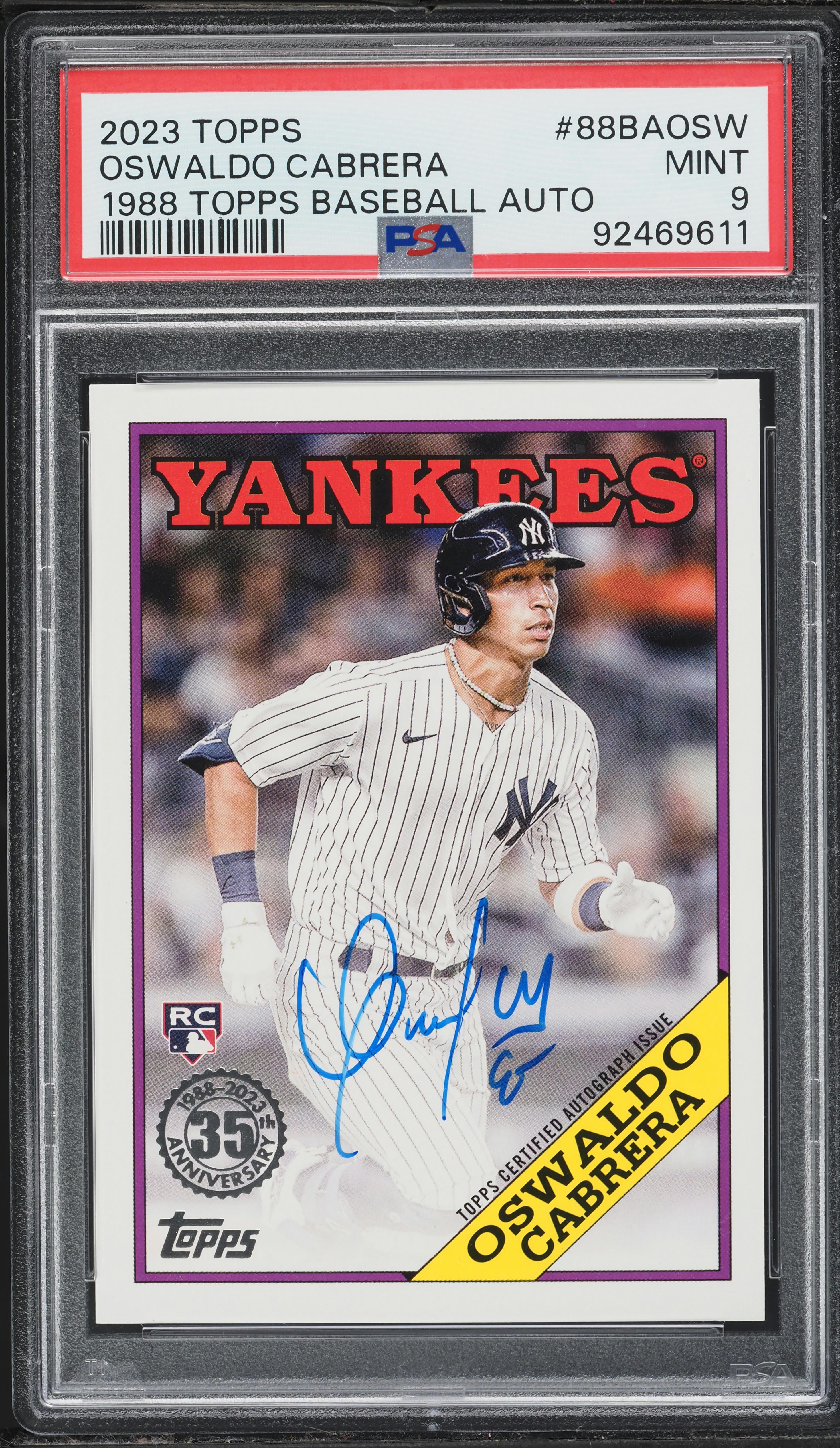 NY スーパールーキー！Oswaldo Cabrera 直筆サインカード 2023 Topps '88 Baseball Oswaldo Cabrera ROOKIE AUTO #88BAOSW PSA 9