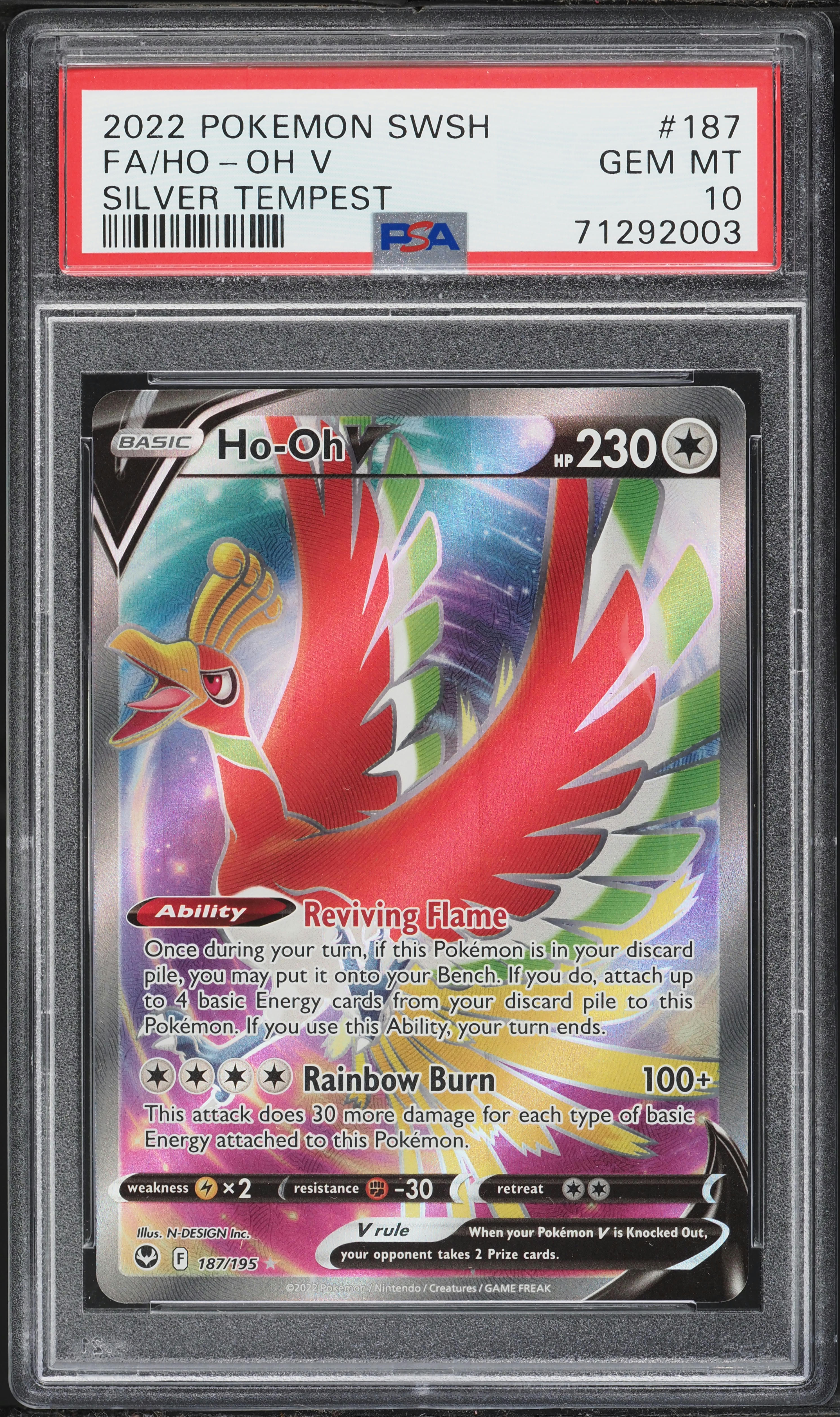 2022 Pokemon Sword & Shield Silver Tempest Full Art Ho-Oh V #187 PSA 10 GEM  MINT on Fanatics Collect