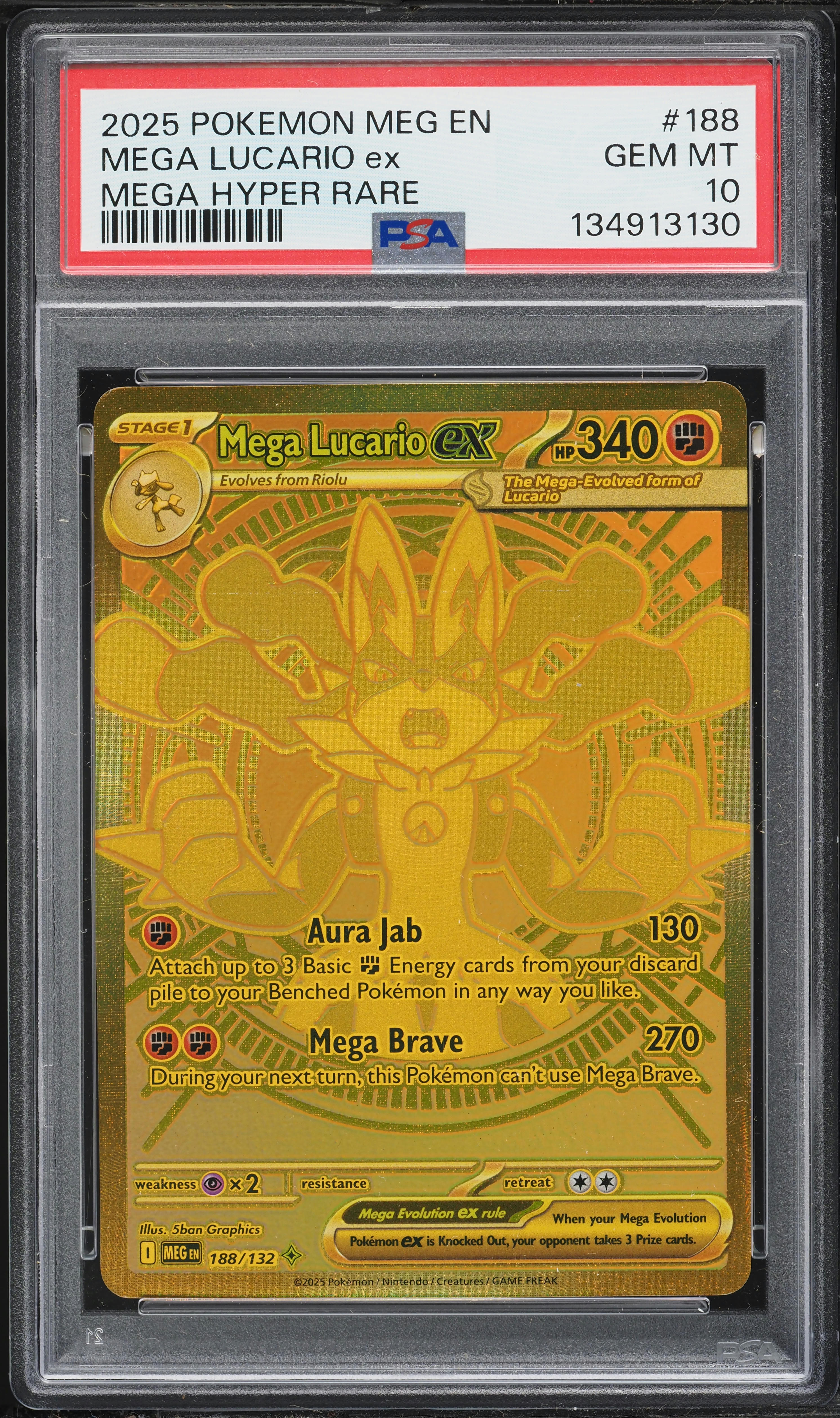 2025 Pokemon Mega Evolution Gold Rare Mega Lucario Ex #188 PSA 10
