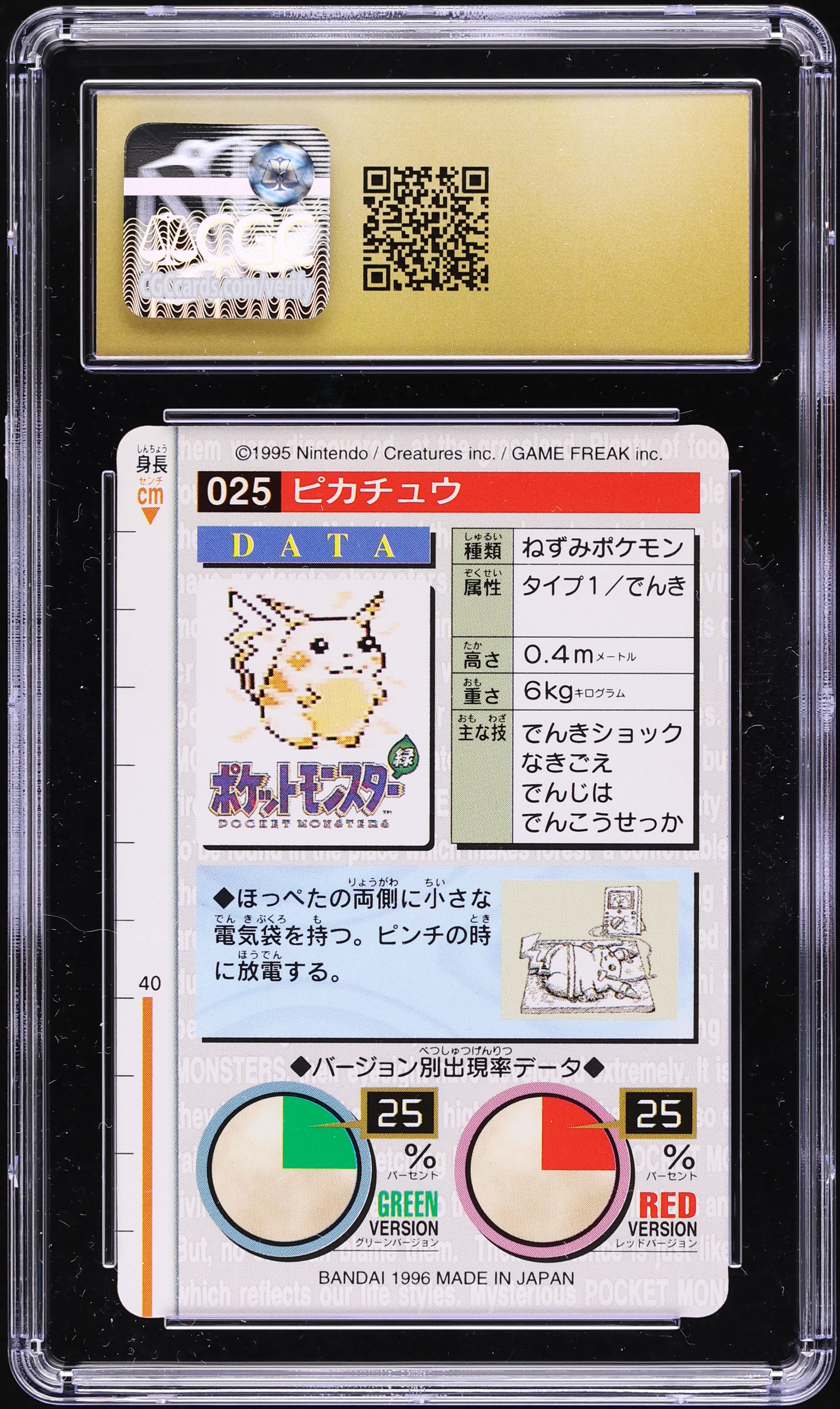 1996 Pokemon Japanese Bandai Carddass Part 1 Green Card Pikachu