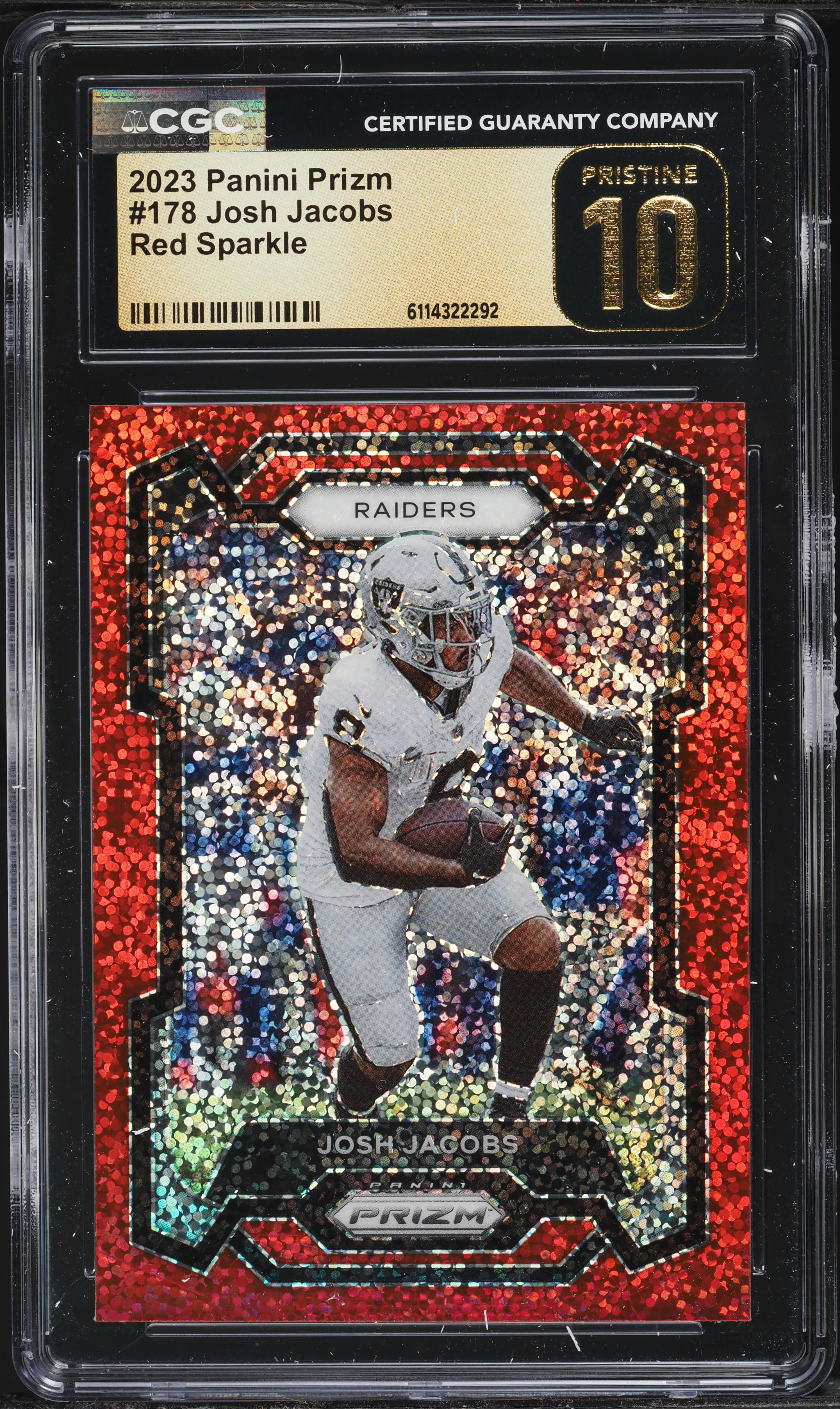 2023 Panini Prizm Red Sparkle Josh Jacobs #178 CGC 10 PRISTINE on