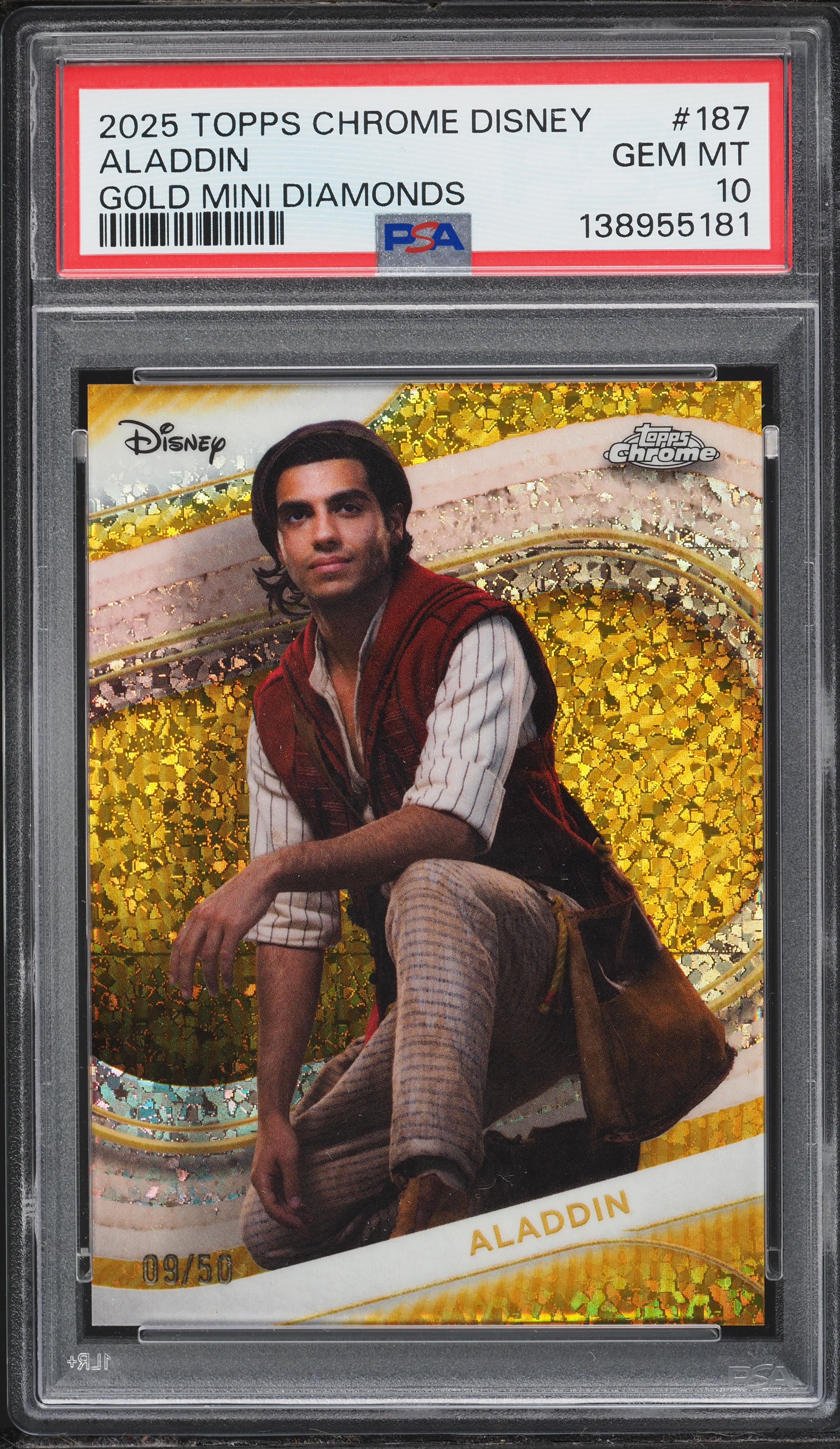 2025 Topps Chrome Disney Gold Mini Diamonds Aladdin /50 #187 PSA