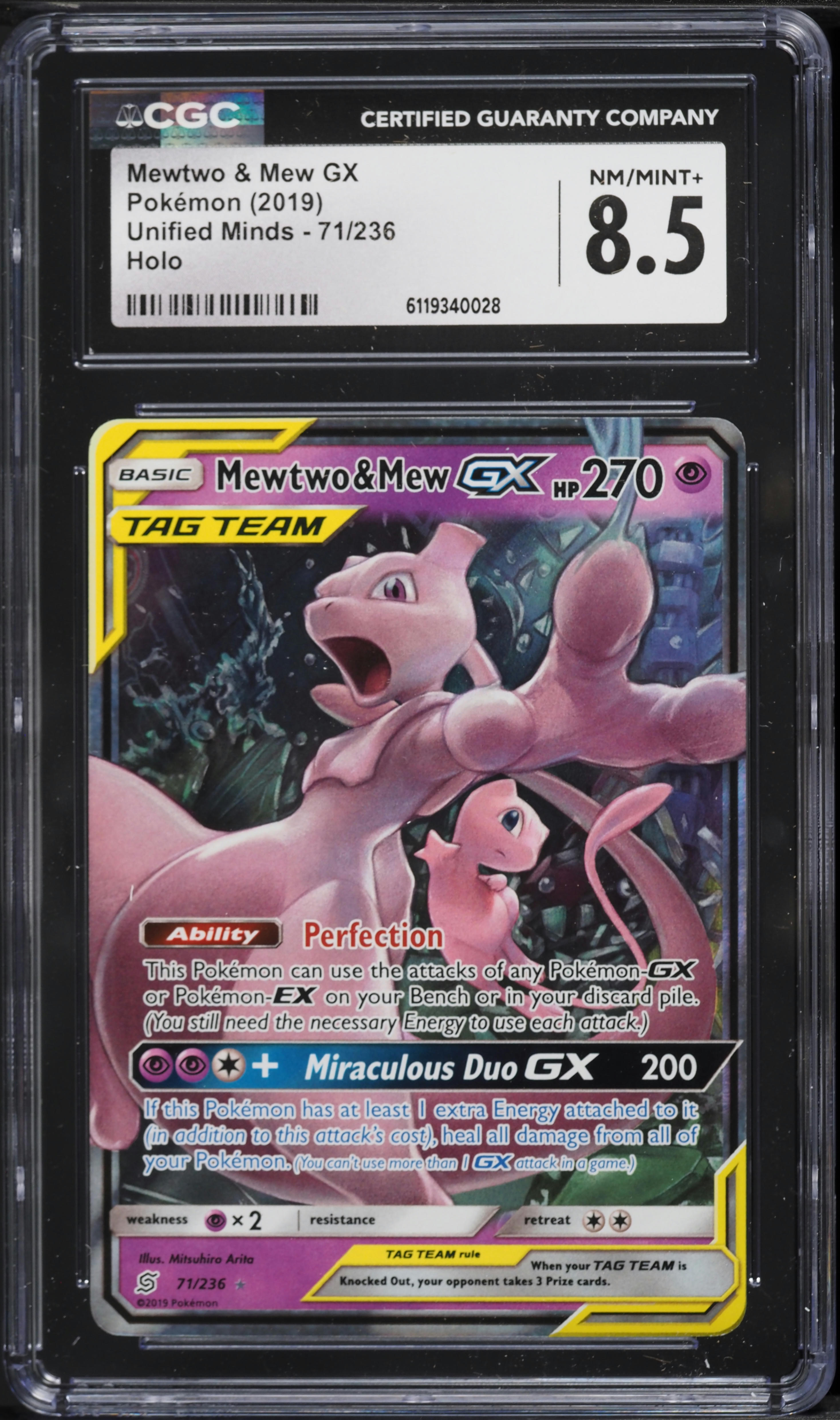 2019 Pokemon Sun & Moon Unified Minds Holo Mewtwo & Mew GX #71 CGC