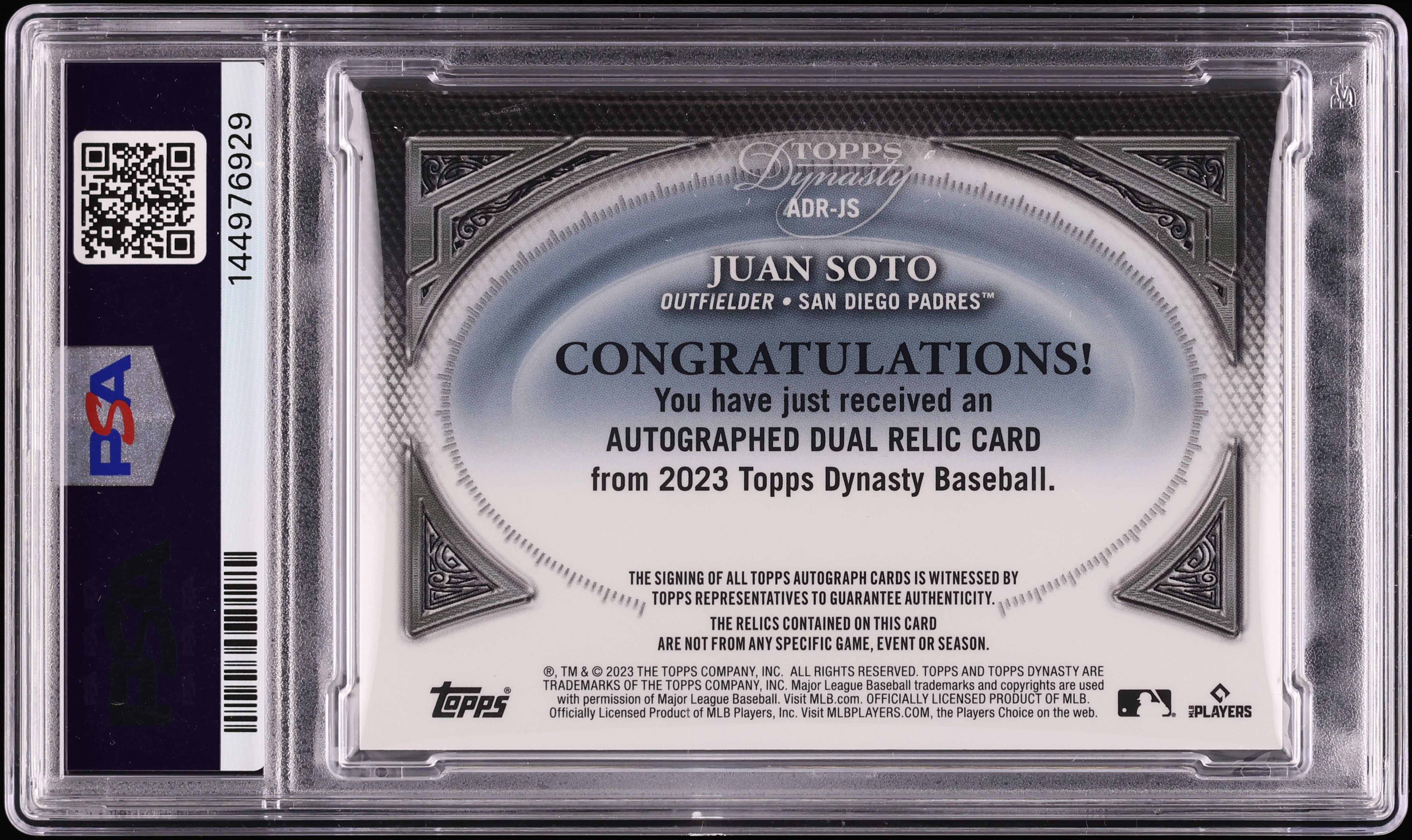 2023 Topps Dynasty Dual Gold Juan Soto PATCH AUTO 1/1 #ADR-JS PSA 