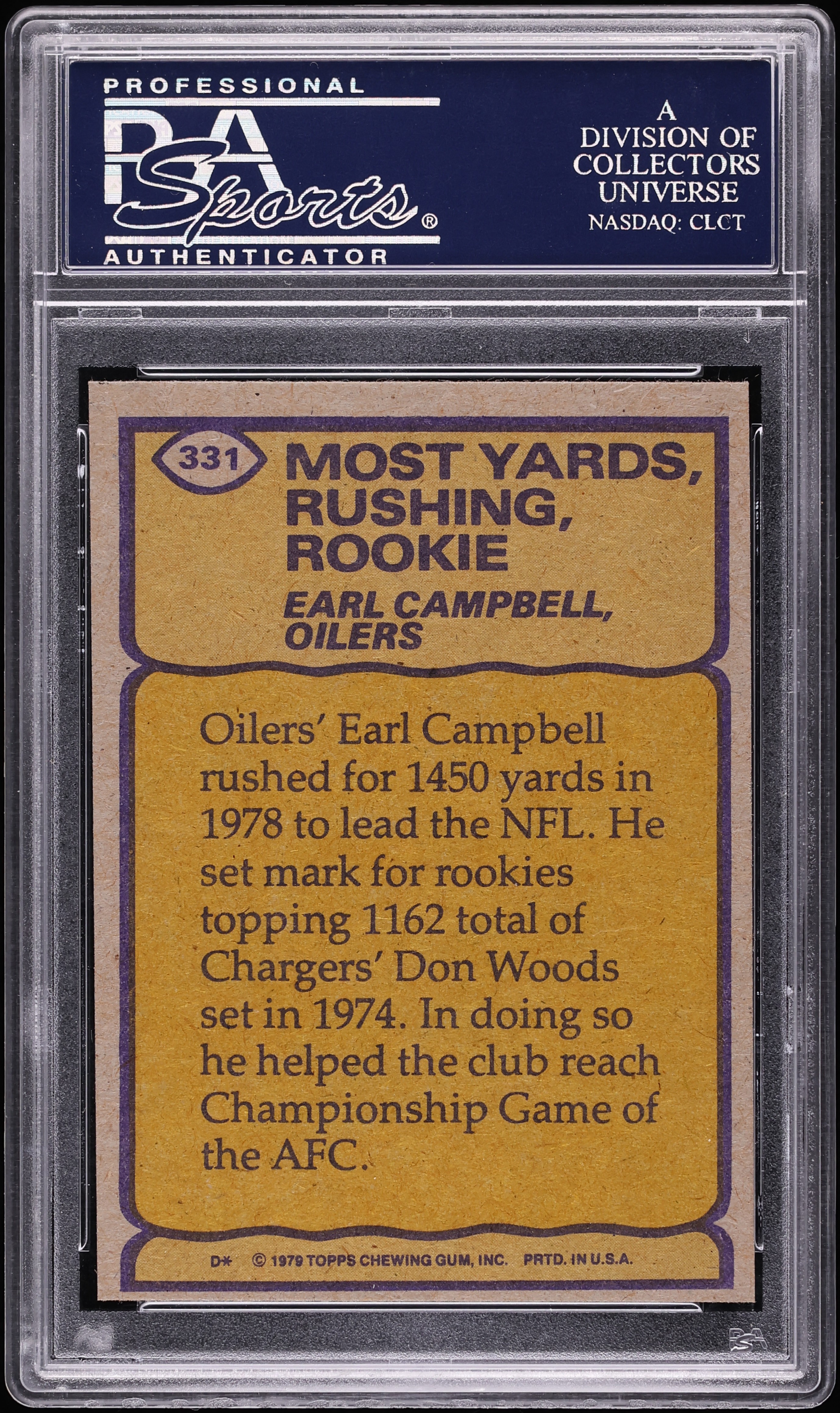 1979 Topps Football Earl Campbell ROOKIE, RECORD BREAKER #331 PSA
