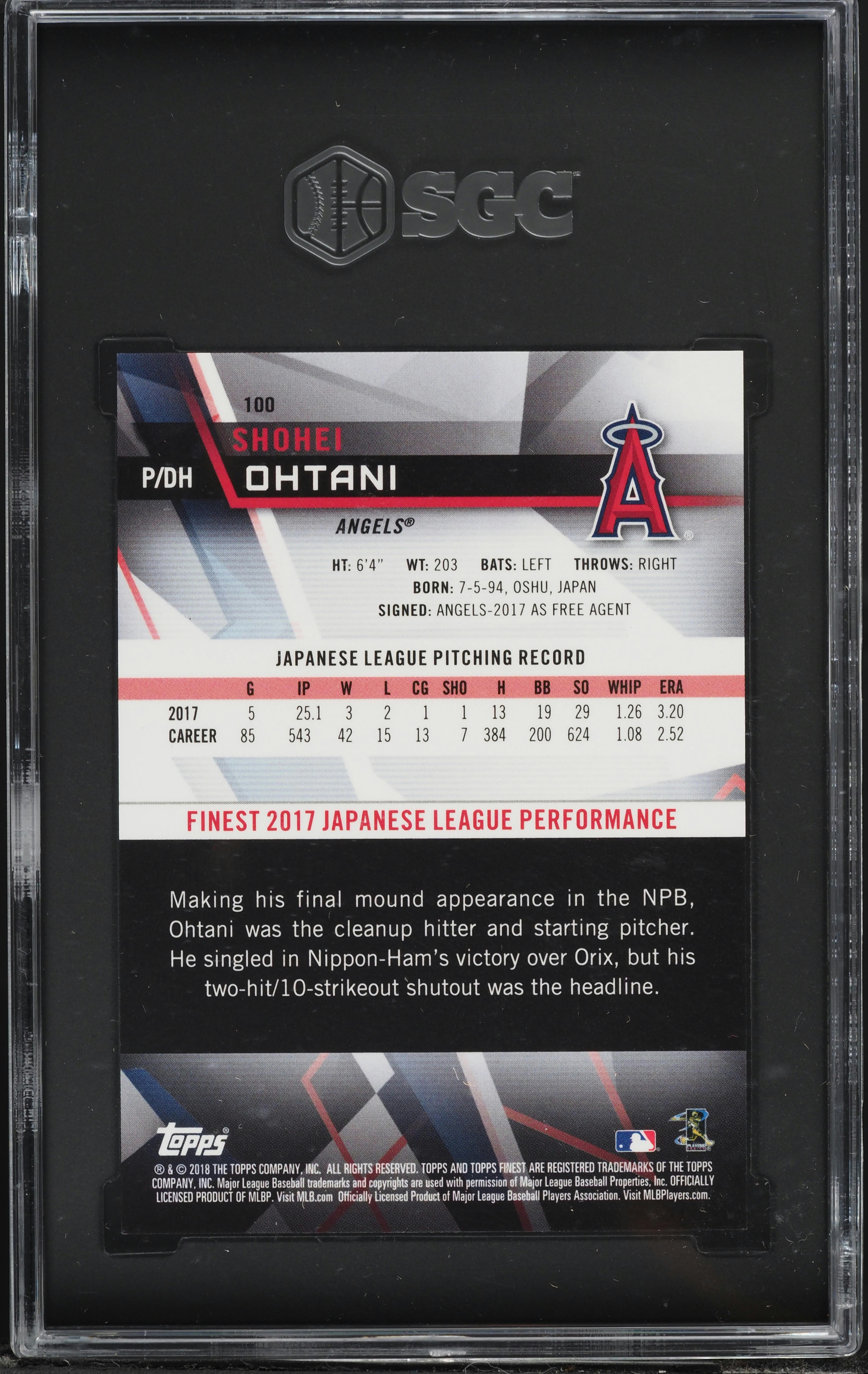 2018 Finest Purple Refractor Shohei Ohtani ROOKIE /250 #100 SGC 10