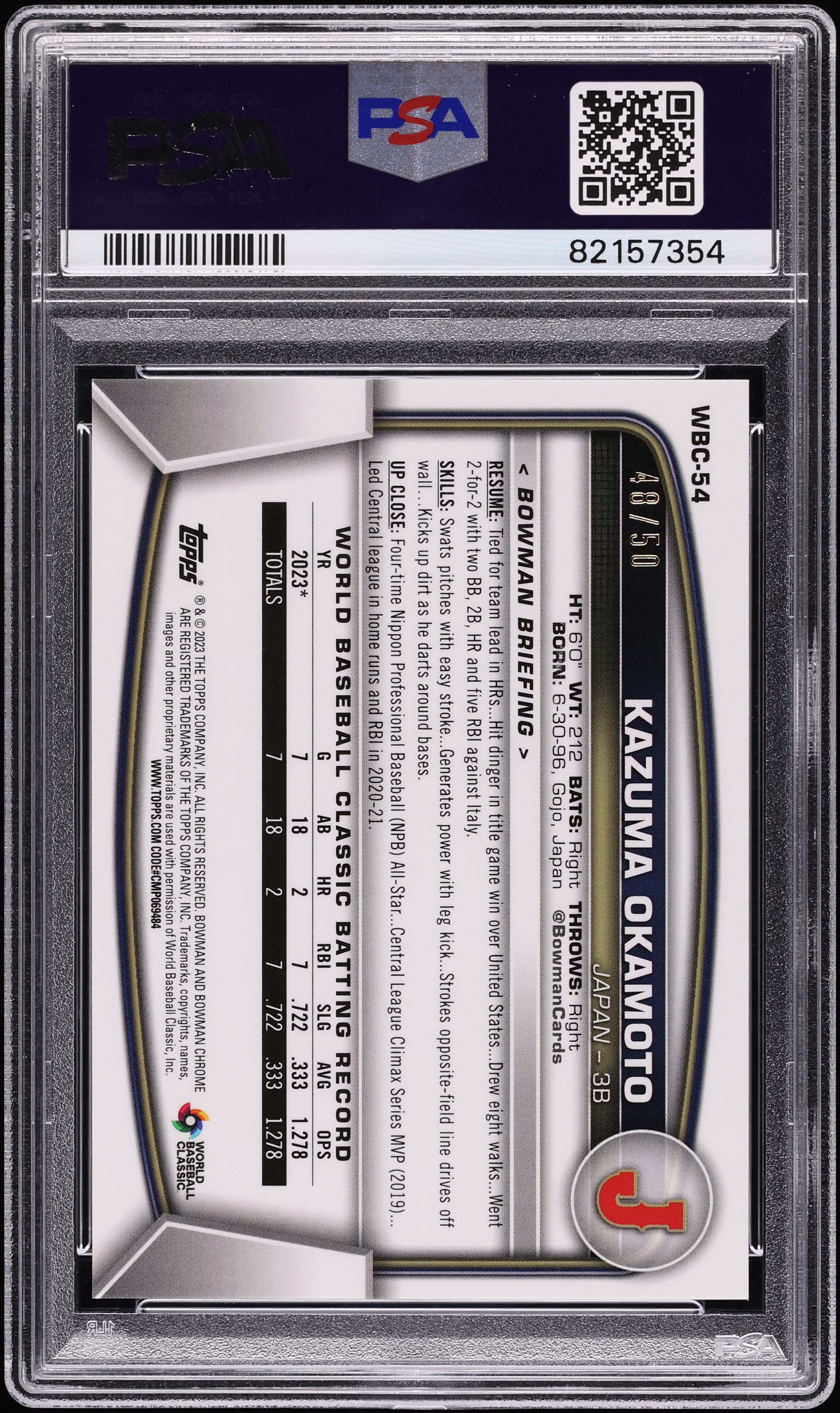 2023 Bowman Chrome WBC Flag Gold Refractor Kazuma Okamoto /50 #WBC 
