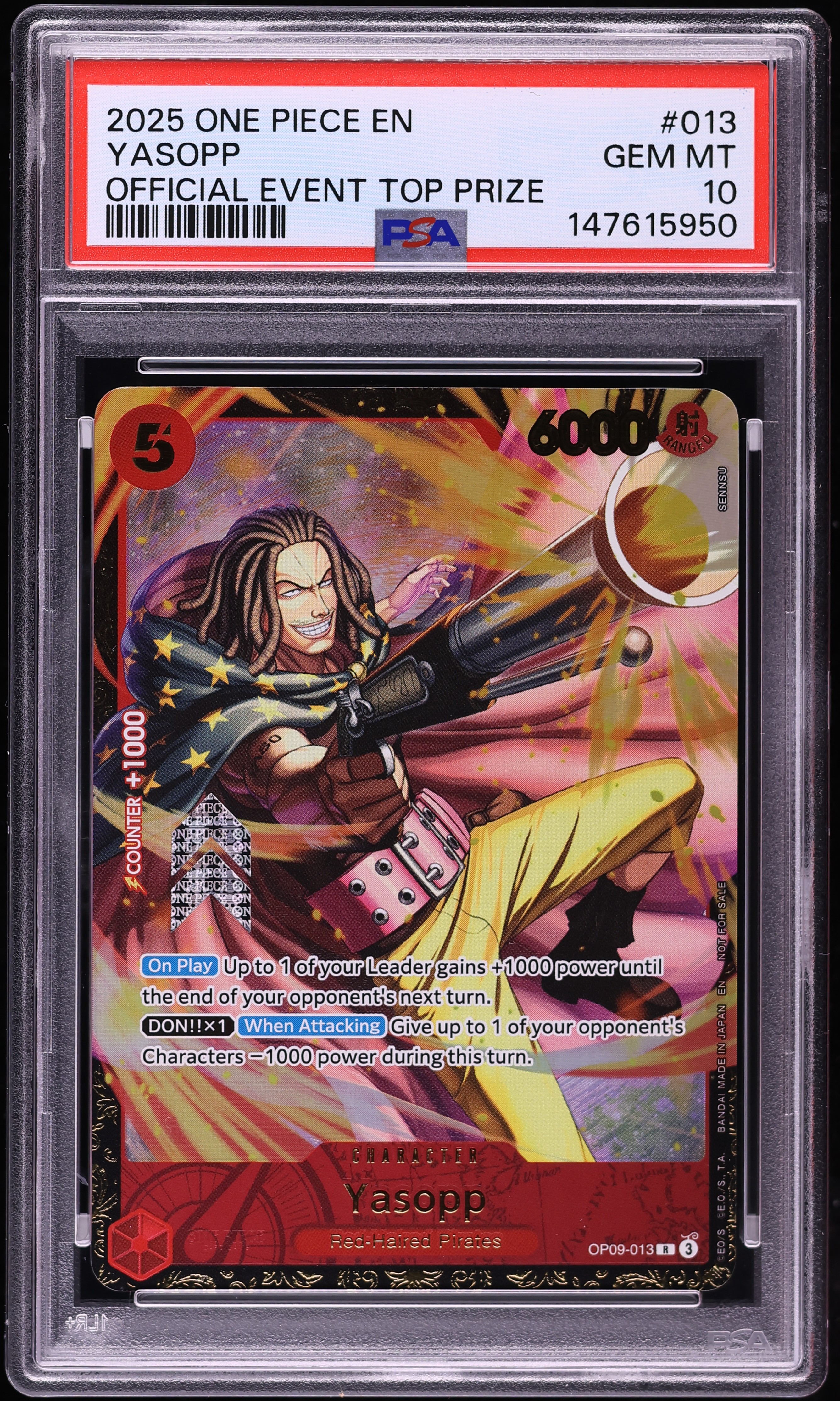 2025 One Piece Promo Official Event Top Prize Yasopp #013 PSA 10
