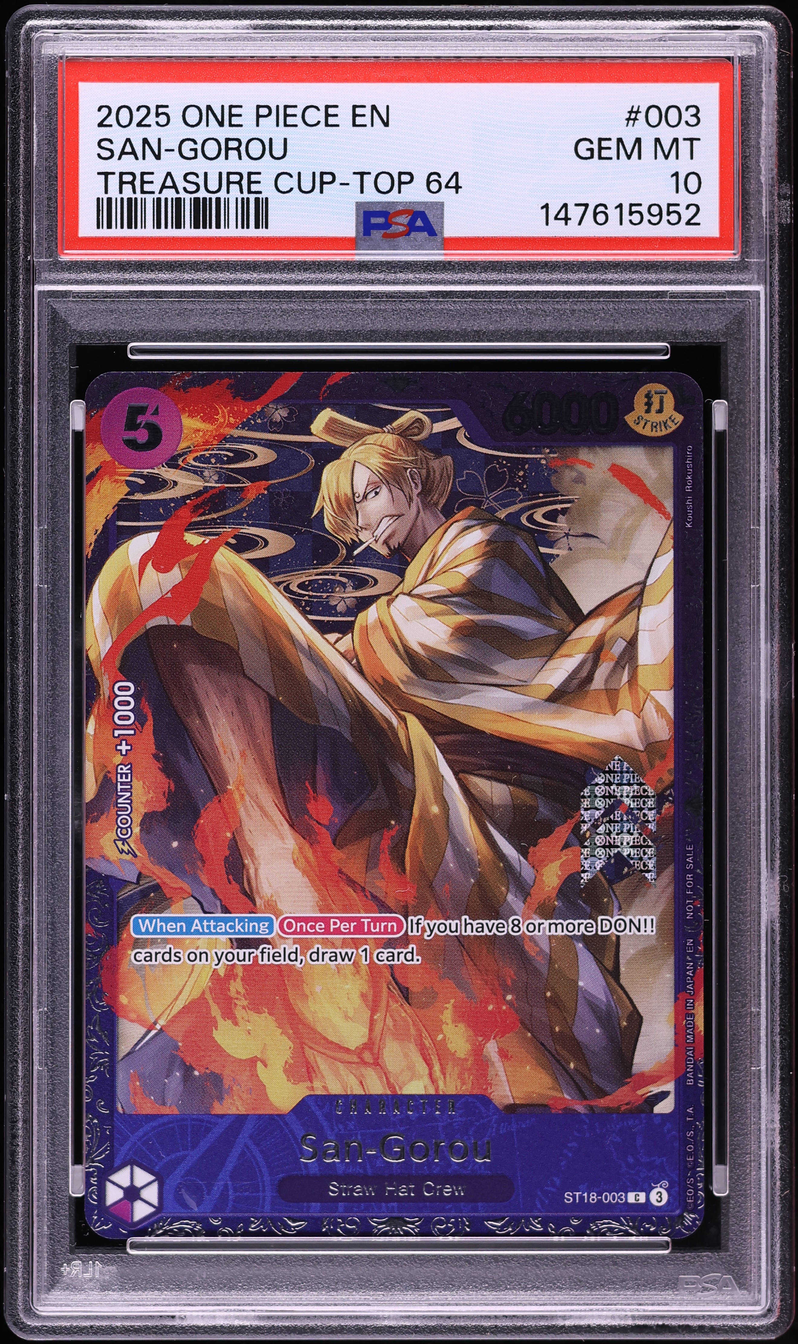 2025 One Piece Promo Treasure Cup Top 64 San-Gorou #3 PSA 10 GEM