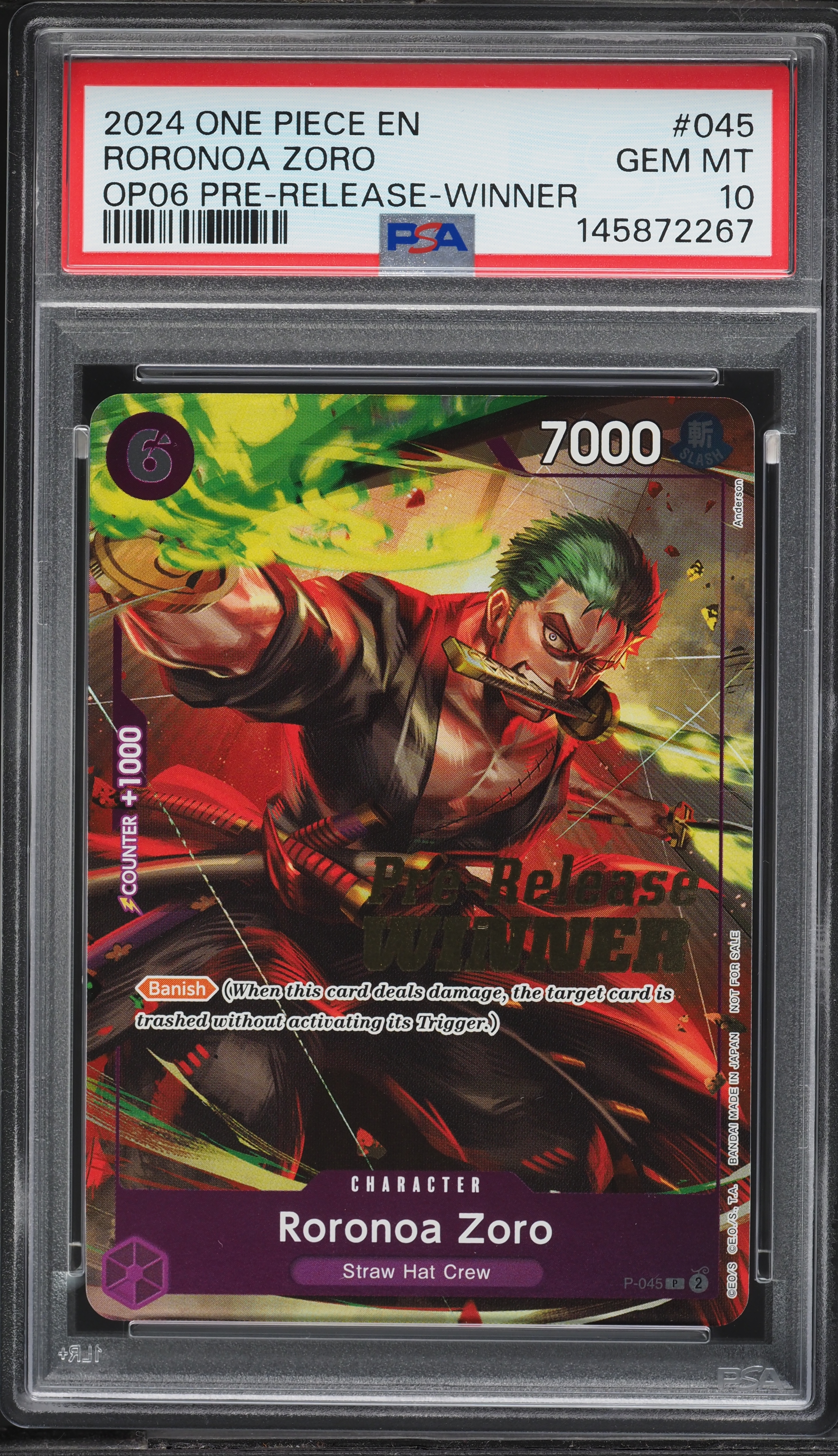 2024 One Piece Promo Pre-Release Winner Roronoa Zoro #P-045 PSA 10