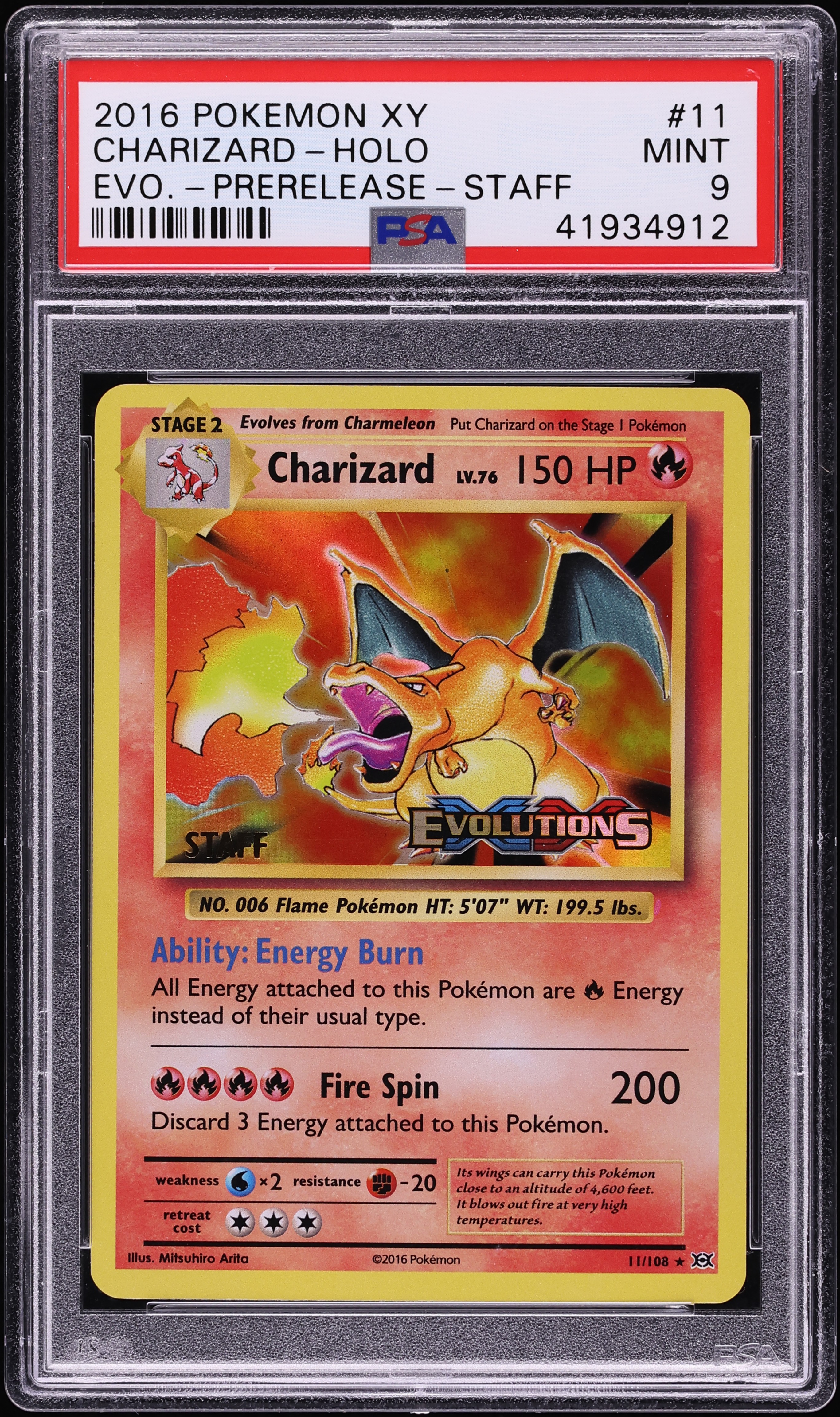 2016 Pokemon XY Evolutions Prerelease Staff Holo Charizard #11 PSA