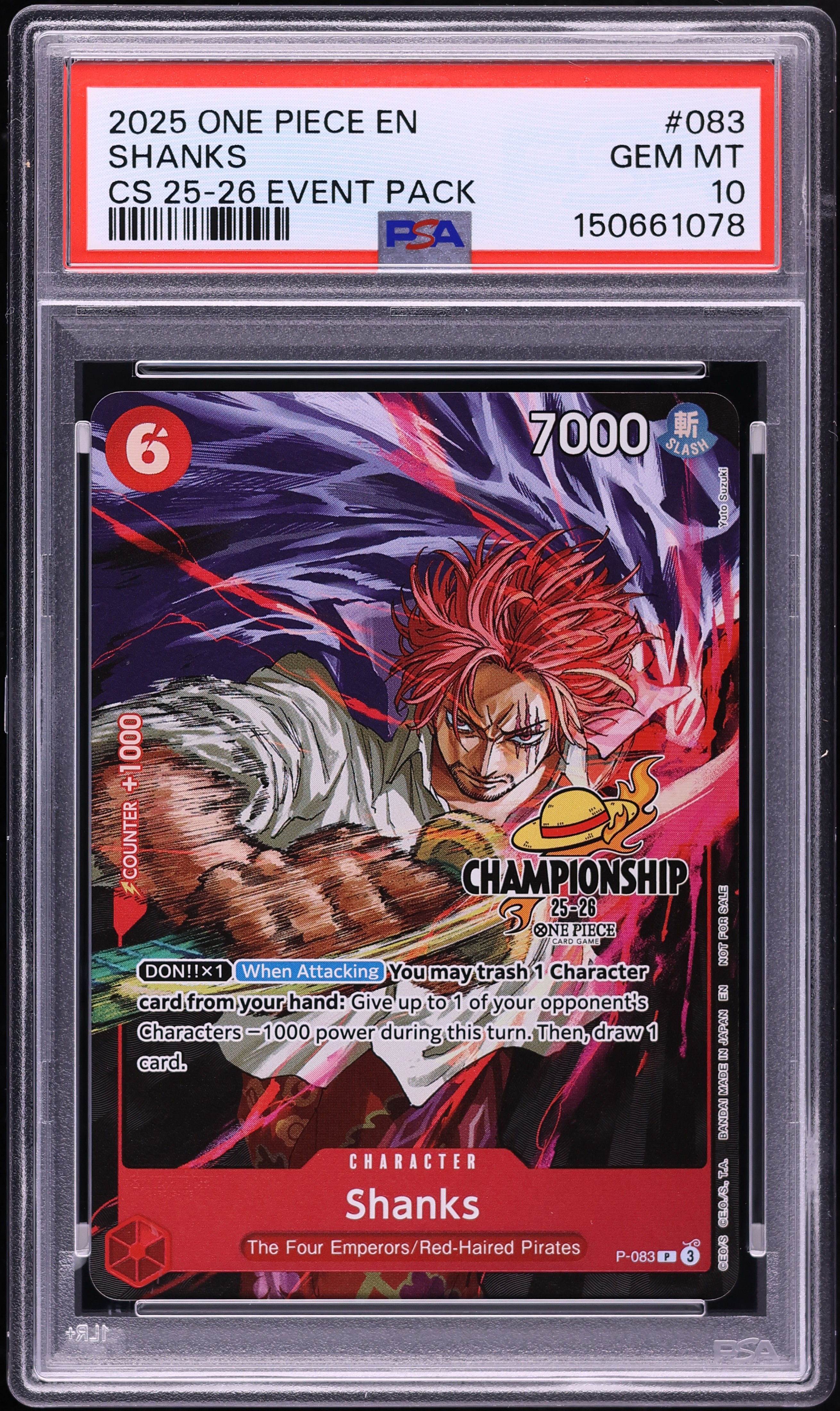 2025 One Piece Promo Championship Event Pack Shanks #P-083 PSA 10