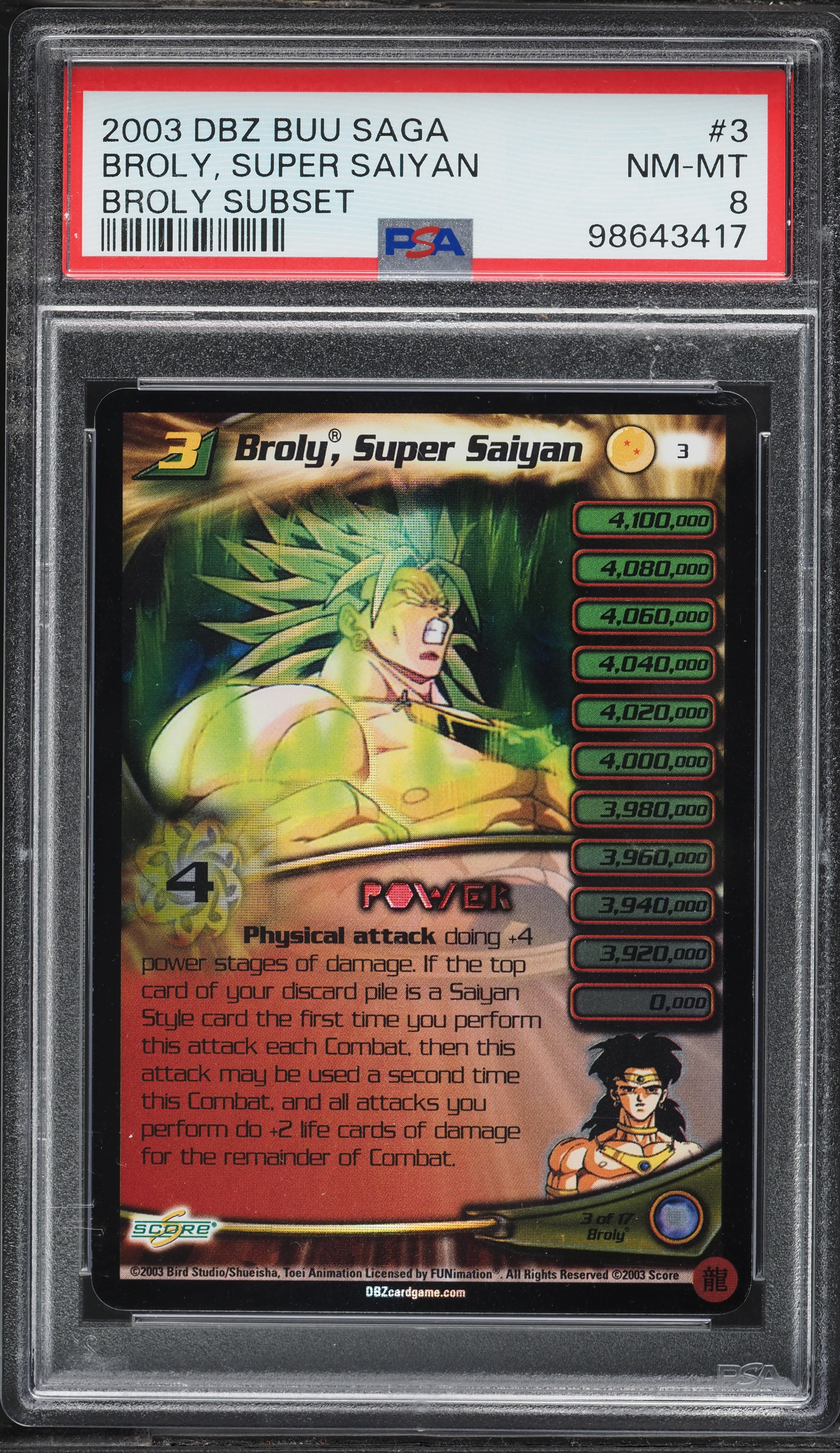 2003 Score Dragon Ball Z Buu Saga Subset Broly Super Saiyan #3 PSA