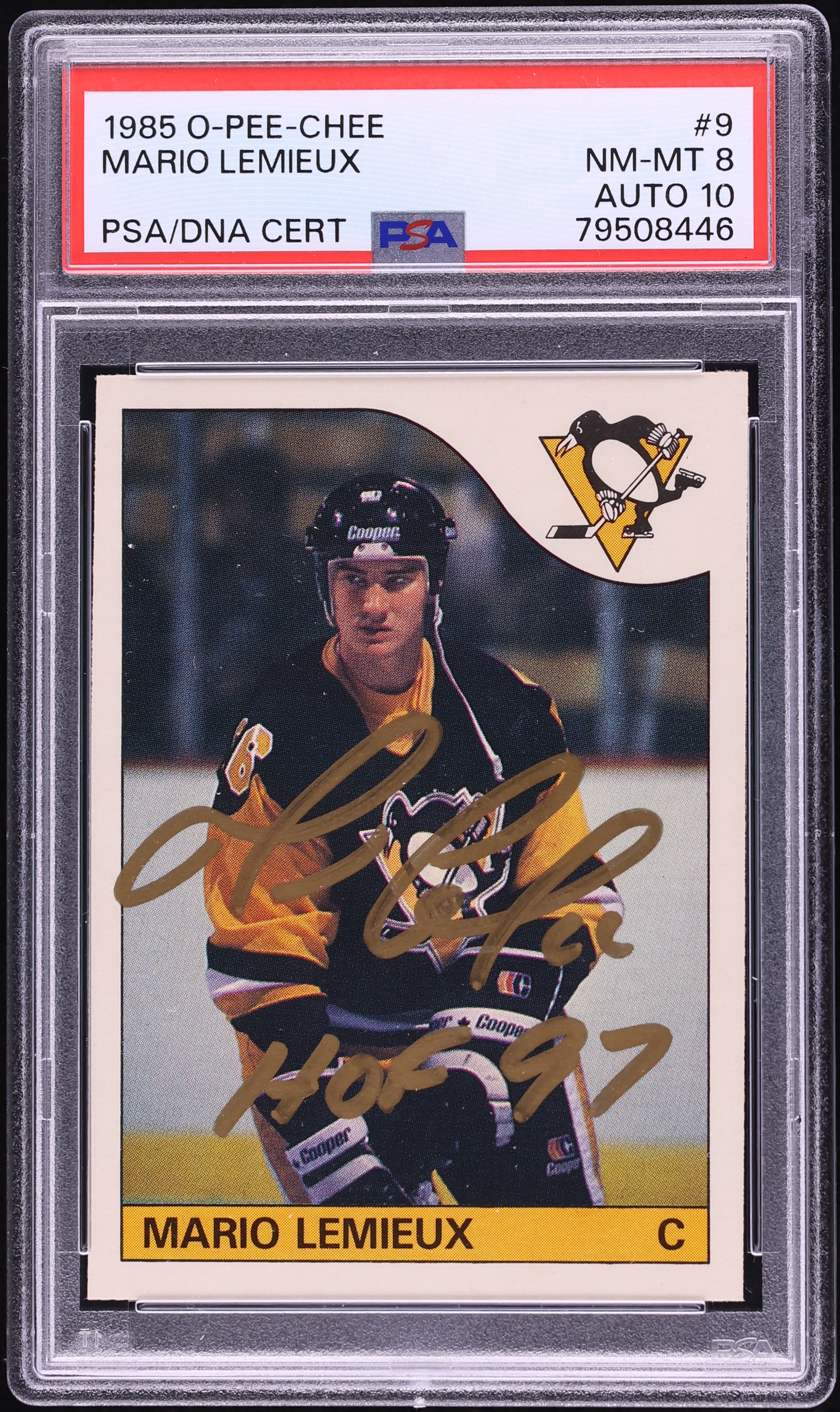 1985 O-Pee-Chee Hockey Mario Lemieux ROOKIE AUTO DNA 10 #9 PSA 8