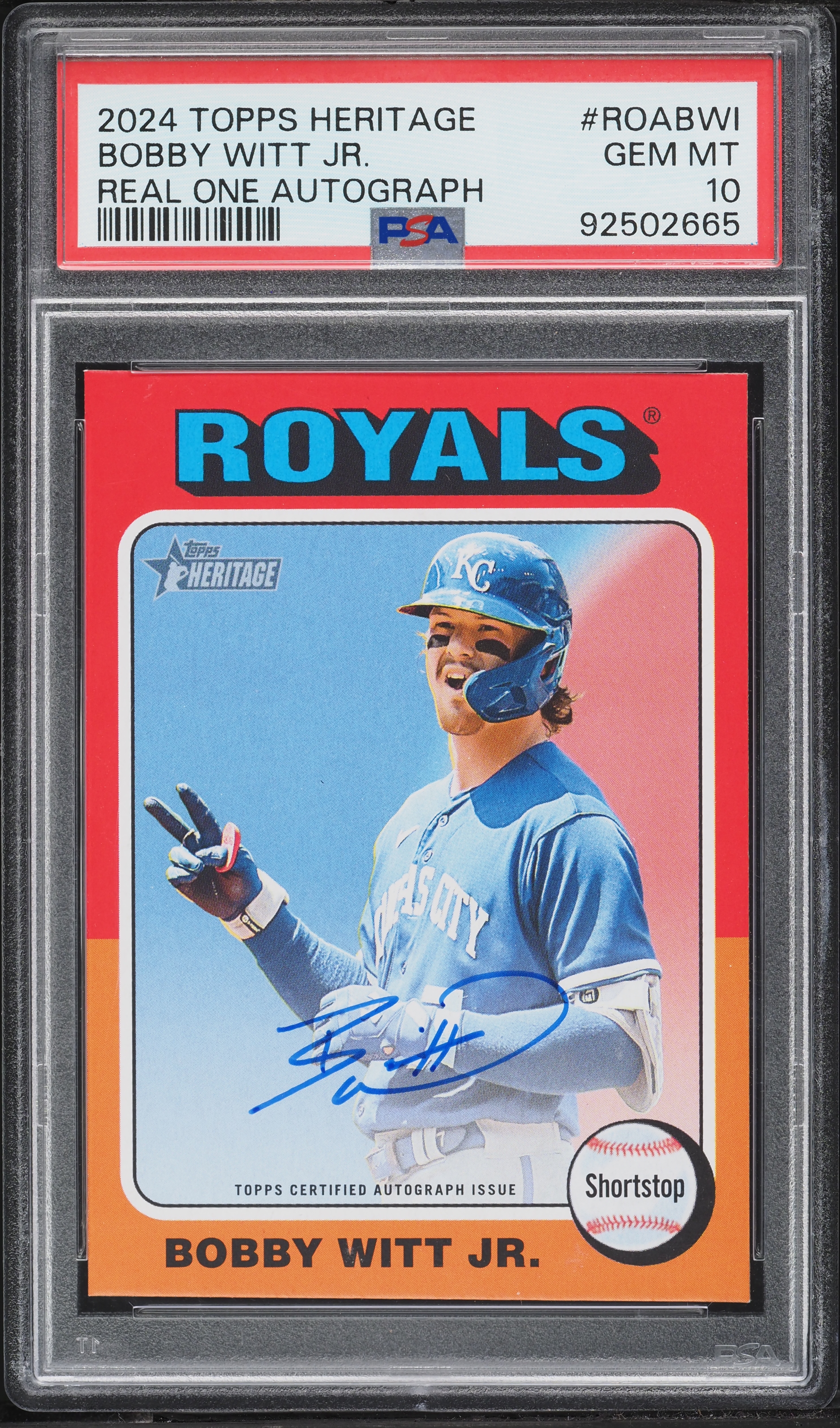 2024 Topps Heritage Real One Bobby Witt Jr. AUTO #ROABWI PSA 10 