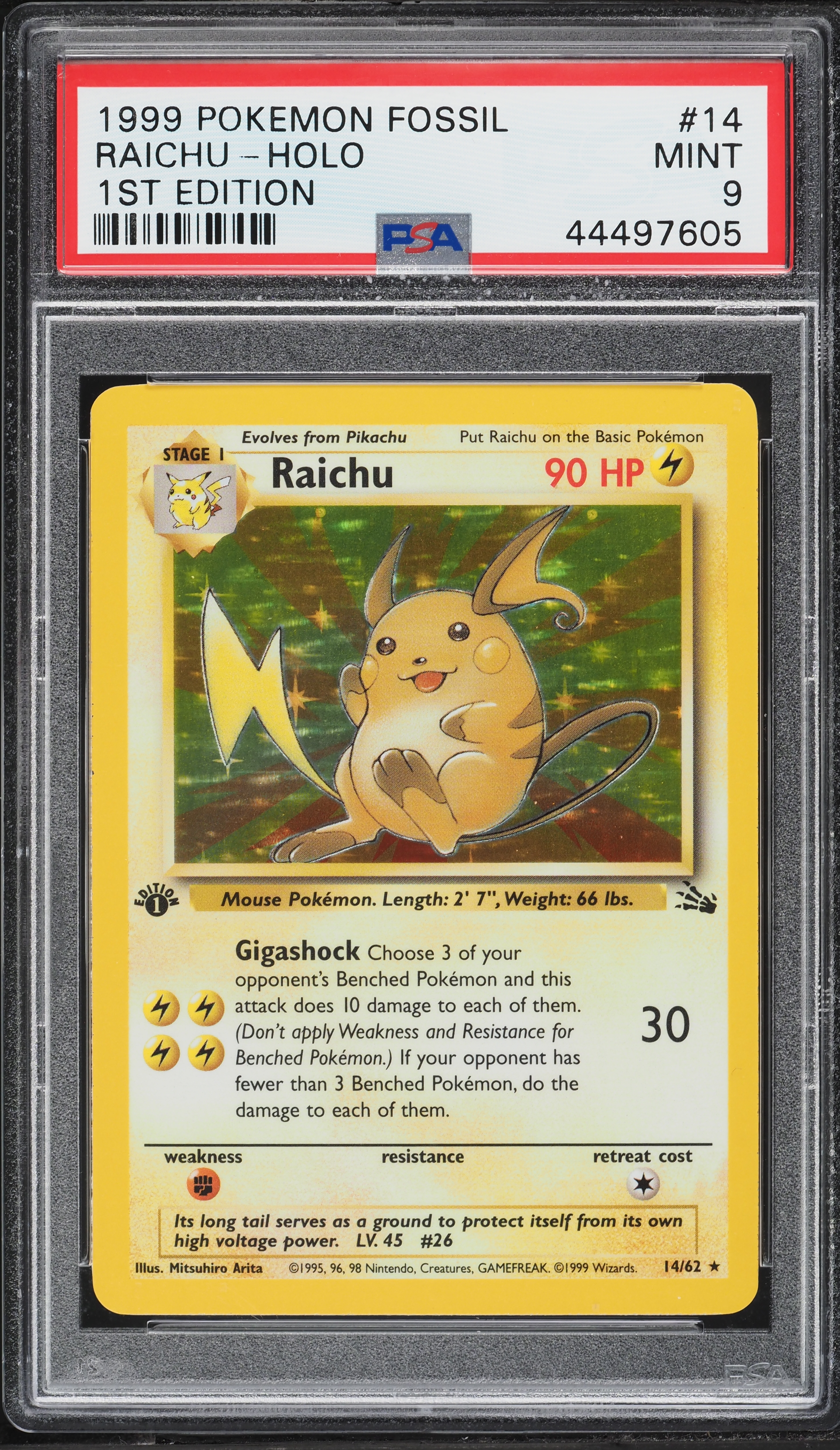 1999年 Pokemon Game Raichu-Holo 1st Ed. 1999 Pokemon Fossil 1st Edition Holo Raichu #14 PSA 9 MINT on