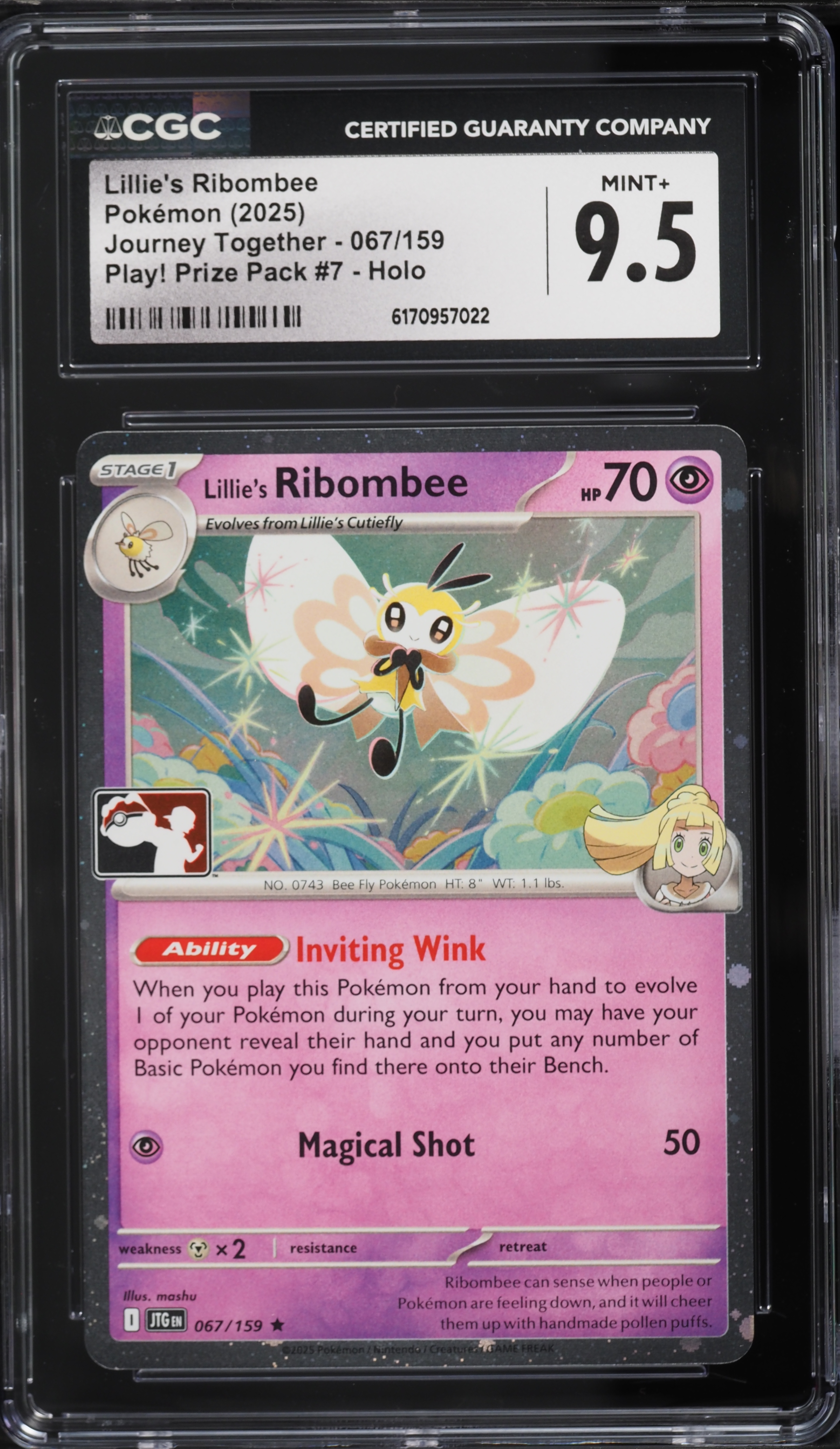 ribombee pokemon card 2025 Journey Together Play! Prize Pack #7 Holo Lillie's #067 CGC 9.5 MINT+ on Fanatics Collect clear acrylic holder that perfectly accentuates the stunning visual design and character artwork 2025 Pokemon Jtg En-journey Together