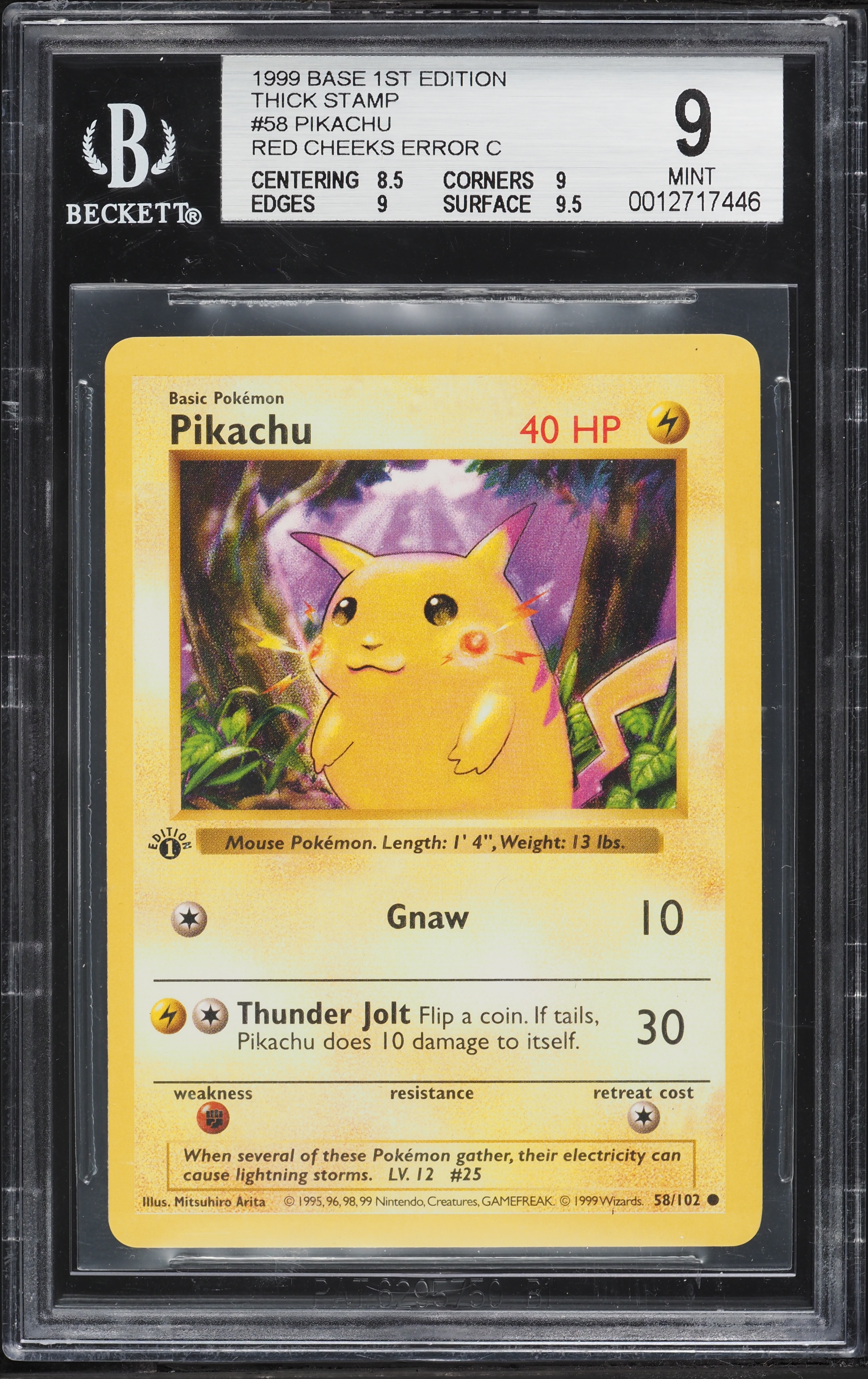 red cheek pikachu pokemon card Base Set Shadowless Cheeks Error 58/102 BGS 9.5 – TBC Games Preserved in a tamper The Most Valuable And Expensive