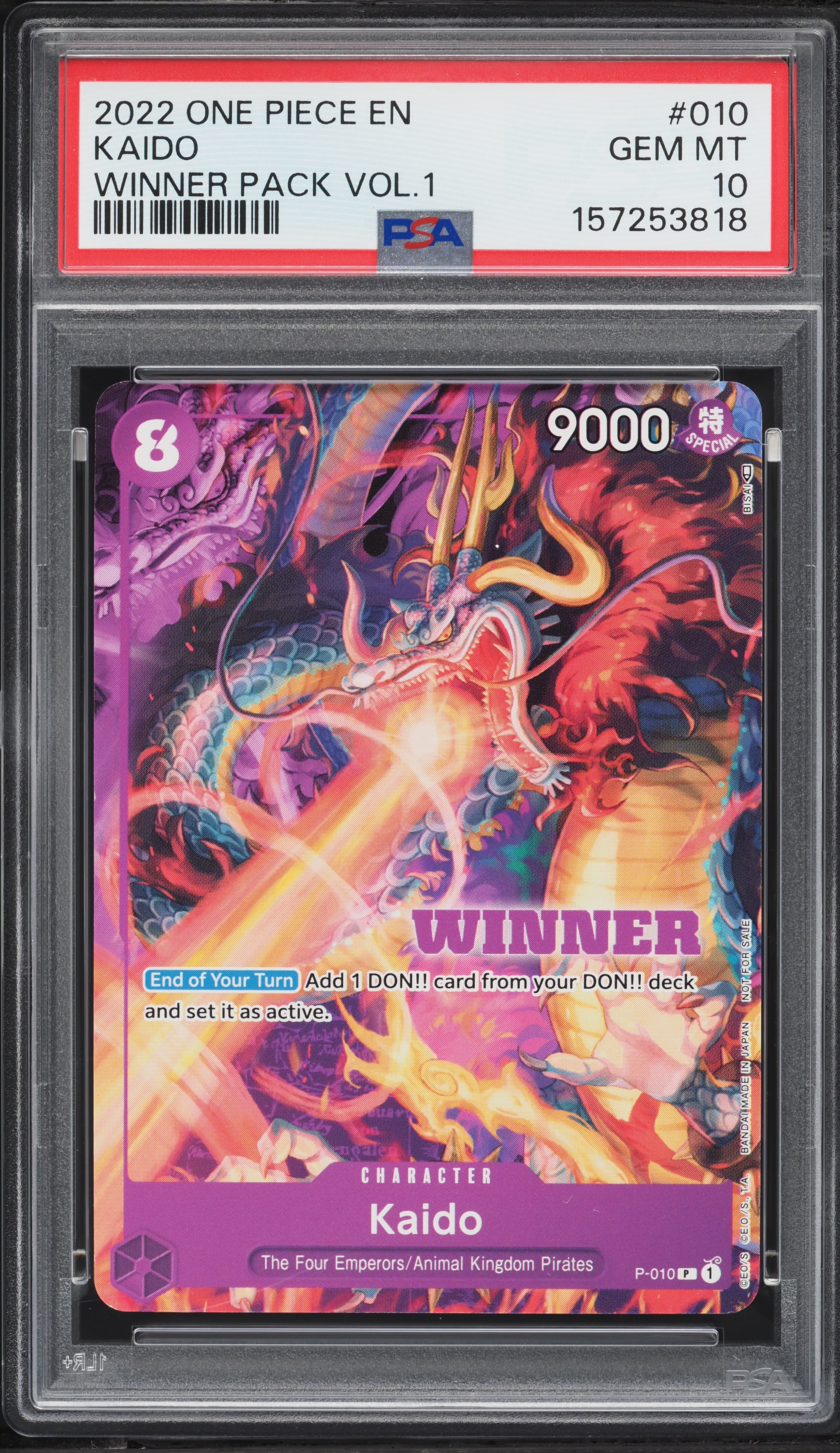 2022 One Piece Promo Winner Pack Volume 1 Kaido #P-010 PSA 10 GEM