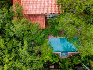 Aerial view of private pool compound amongst tropical fruit trees