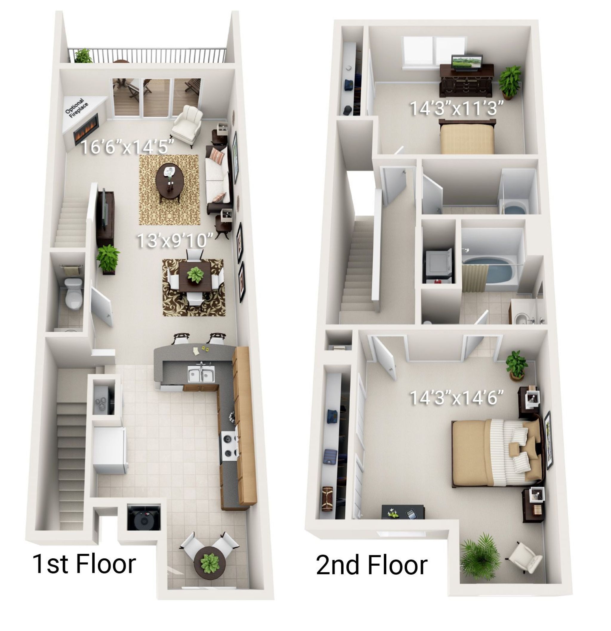 2 Bed, 2.5 Bath Townhome (BE2I) - 1340 sq. ft.
