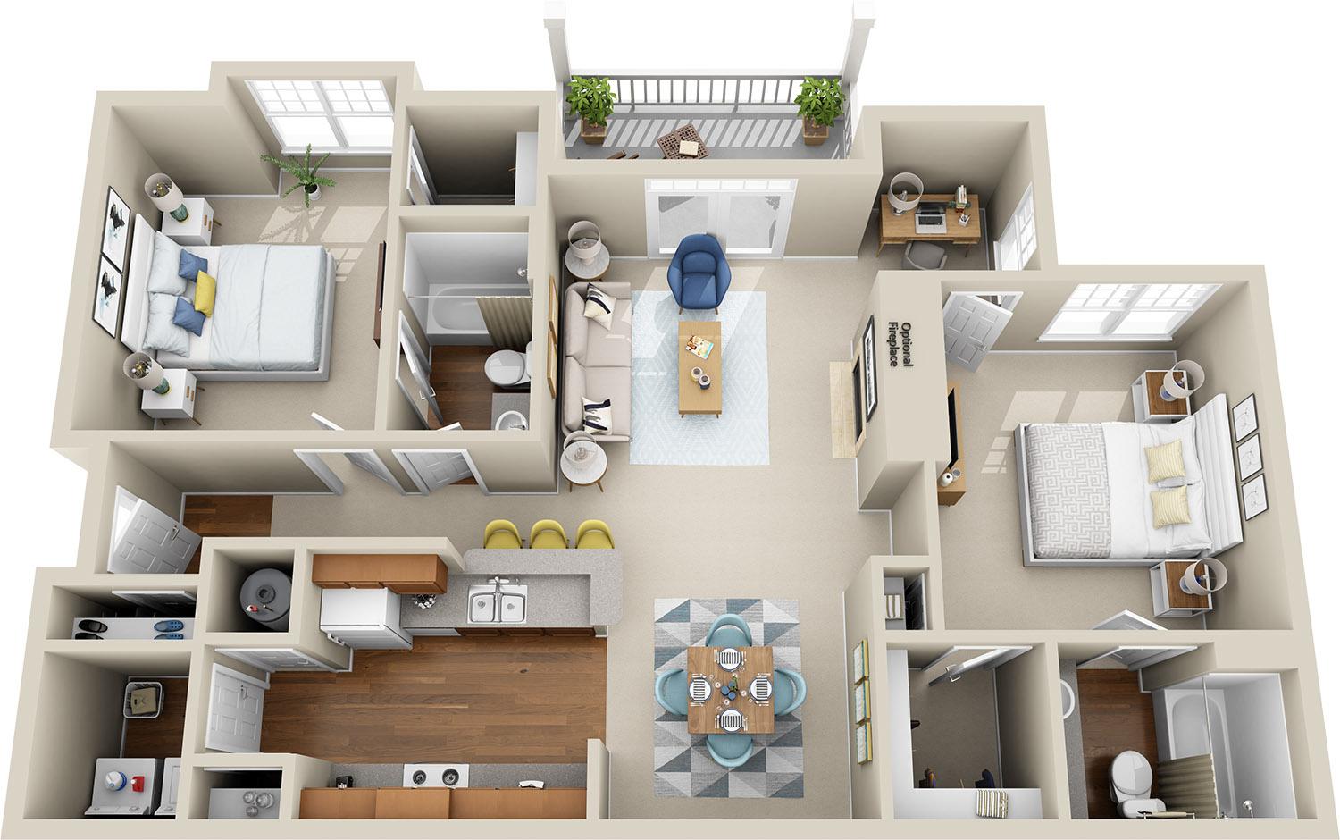 2 Bed, 2 Bath (B1) - 1109sq. ft. 